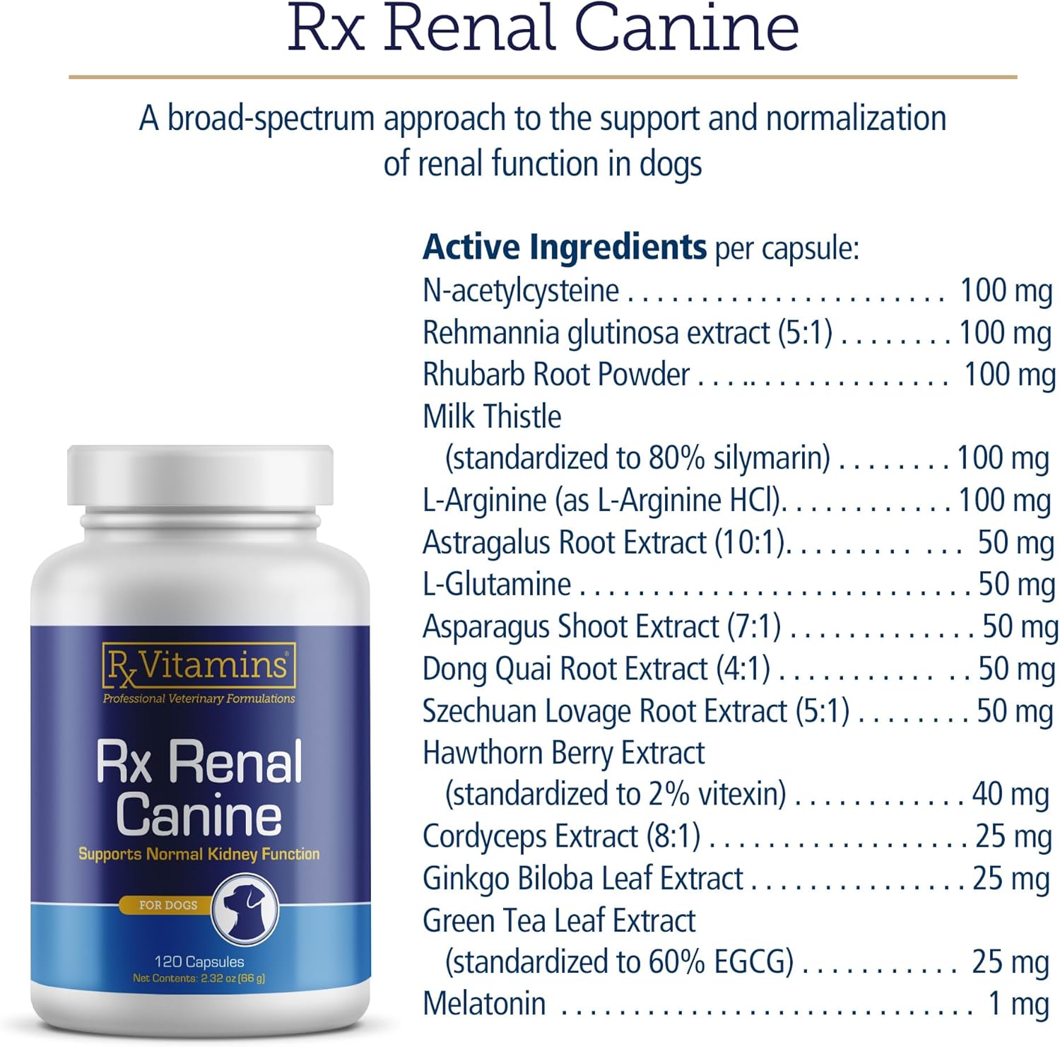 Renal Canine Kidney Support Capsules for Dogs - Milk Thistle, Green Tea, Cordyceps - Dog Kidney Supplement - 120 ct