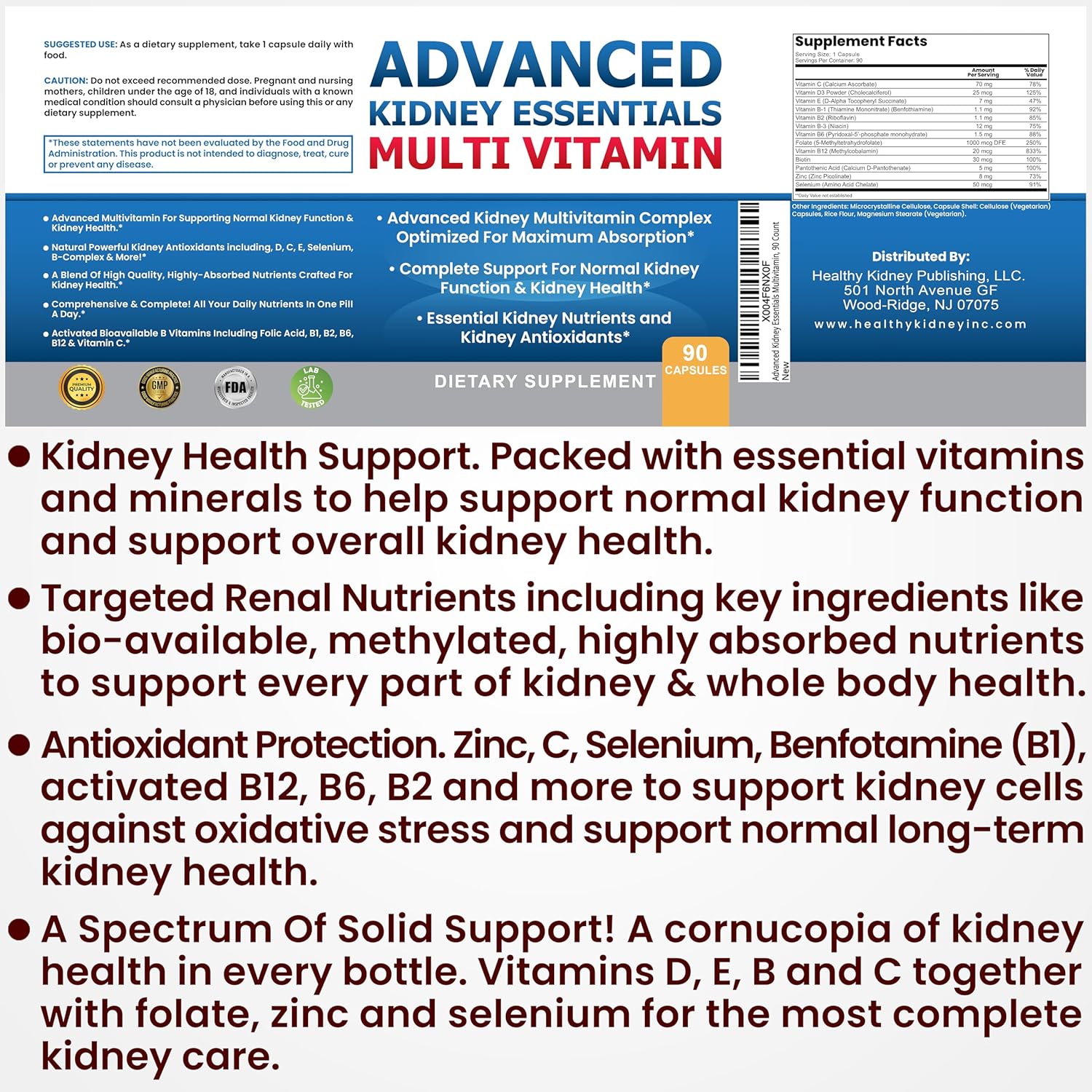 Renal Health Multivitamin - Kidney Support Supplement with Essential Renal Vitamins for Complete Kidney Health - 90 Capsules