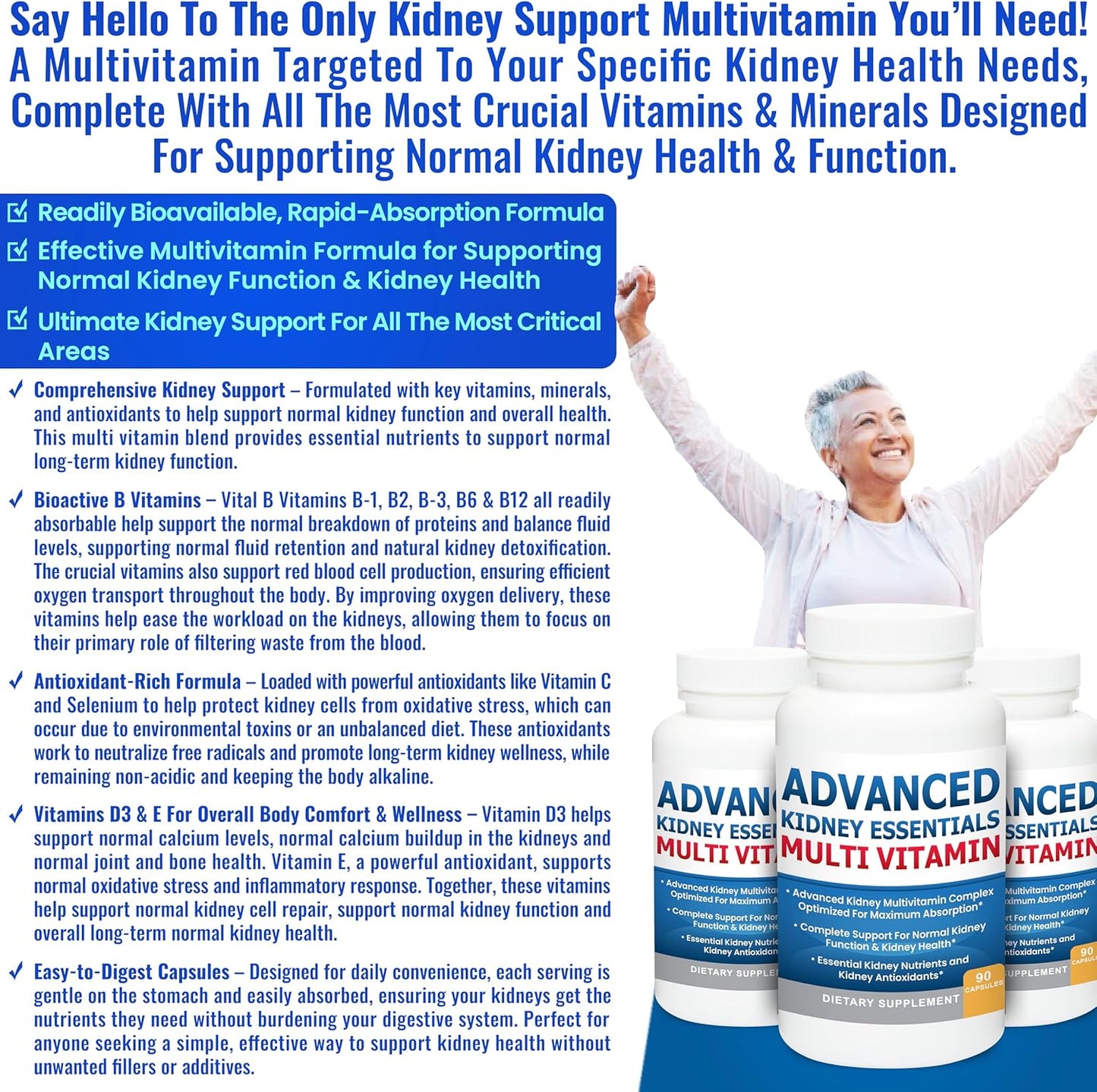 Renal Health Multivitamin - Kidney Support Supplement with Essential Renal Vitamins for Complete Kidney Health - 90 Capsules
