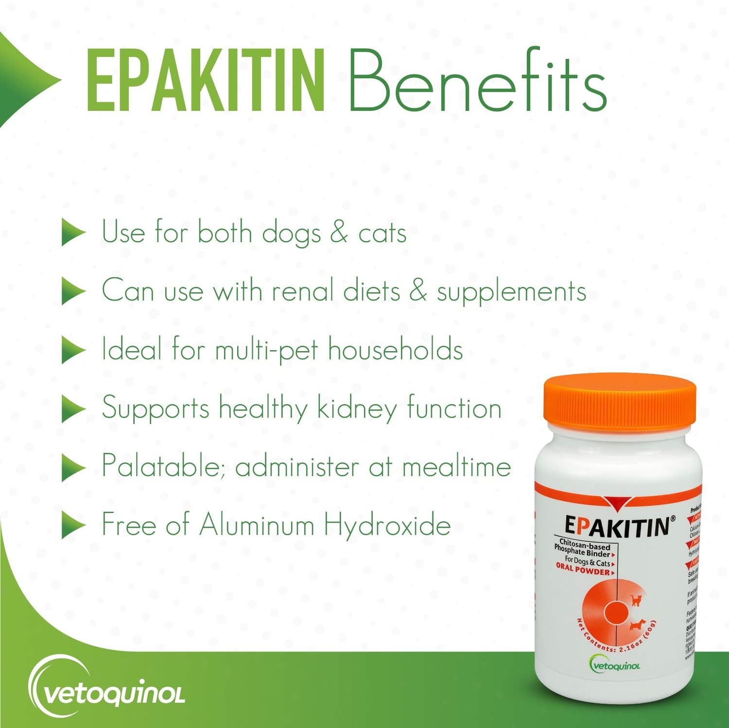 Renal Support Supplement Powder for Cats & Dogs - Vetoquinol Epakitin Chitosan Phosphate Binder - 300g
