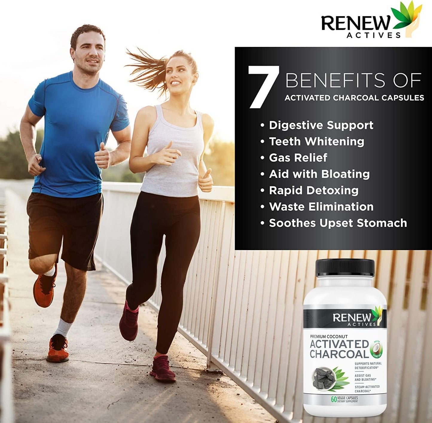 Renew Actives Activated Charcoal Supplement - Natural Digestive Support & Teeth Whitening Formula - 60 Capsules