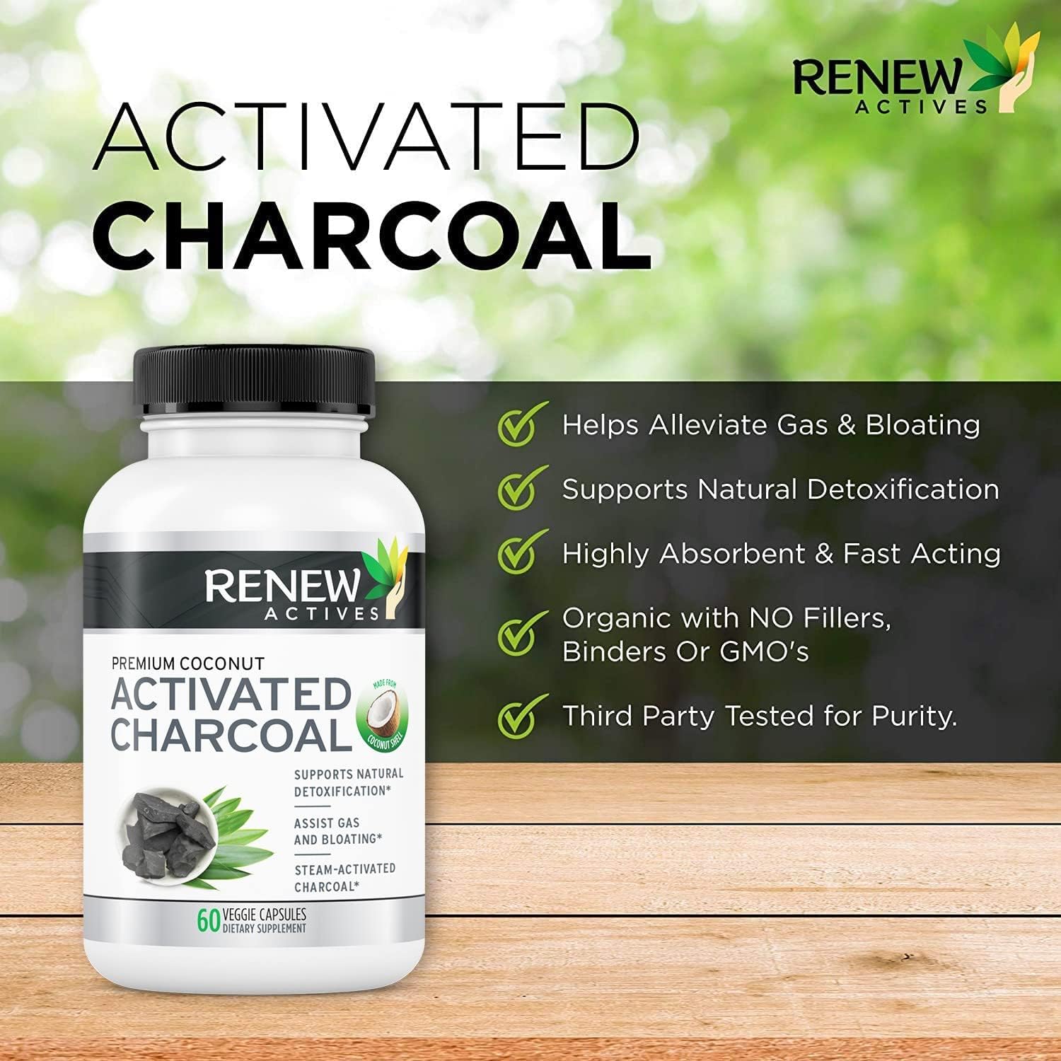 Renew Actives Activated Charcoal Supplement - Natural Digestive Support & Teeth Whitening Formula - 60 Capsules