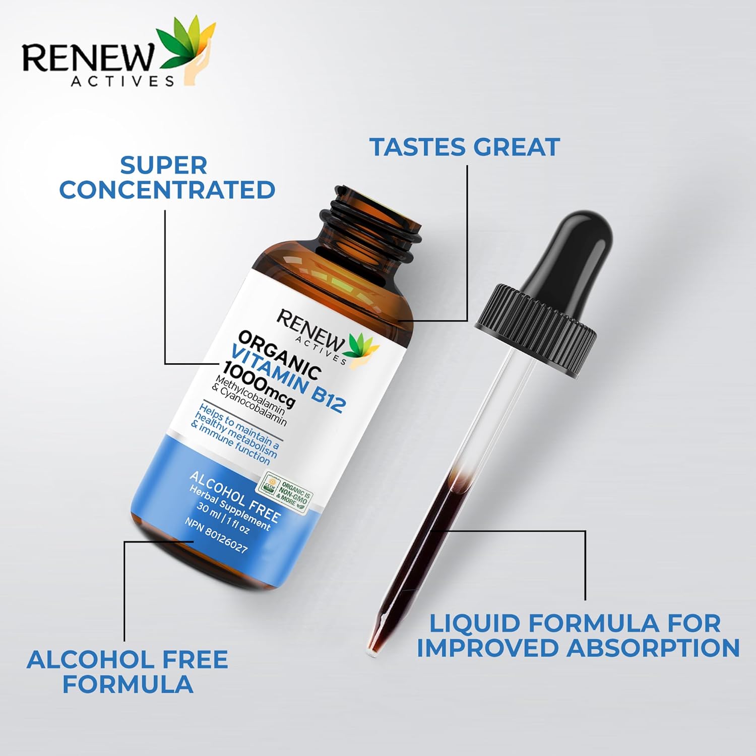 Renew Actives Premium Vegan B12 Liquid Extract Supplement for Healthy Skin, Nails, Hair, & Immune Functions - Fast-Absorbing 30ml Bottle