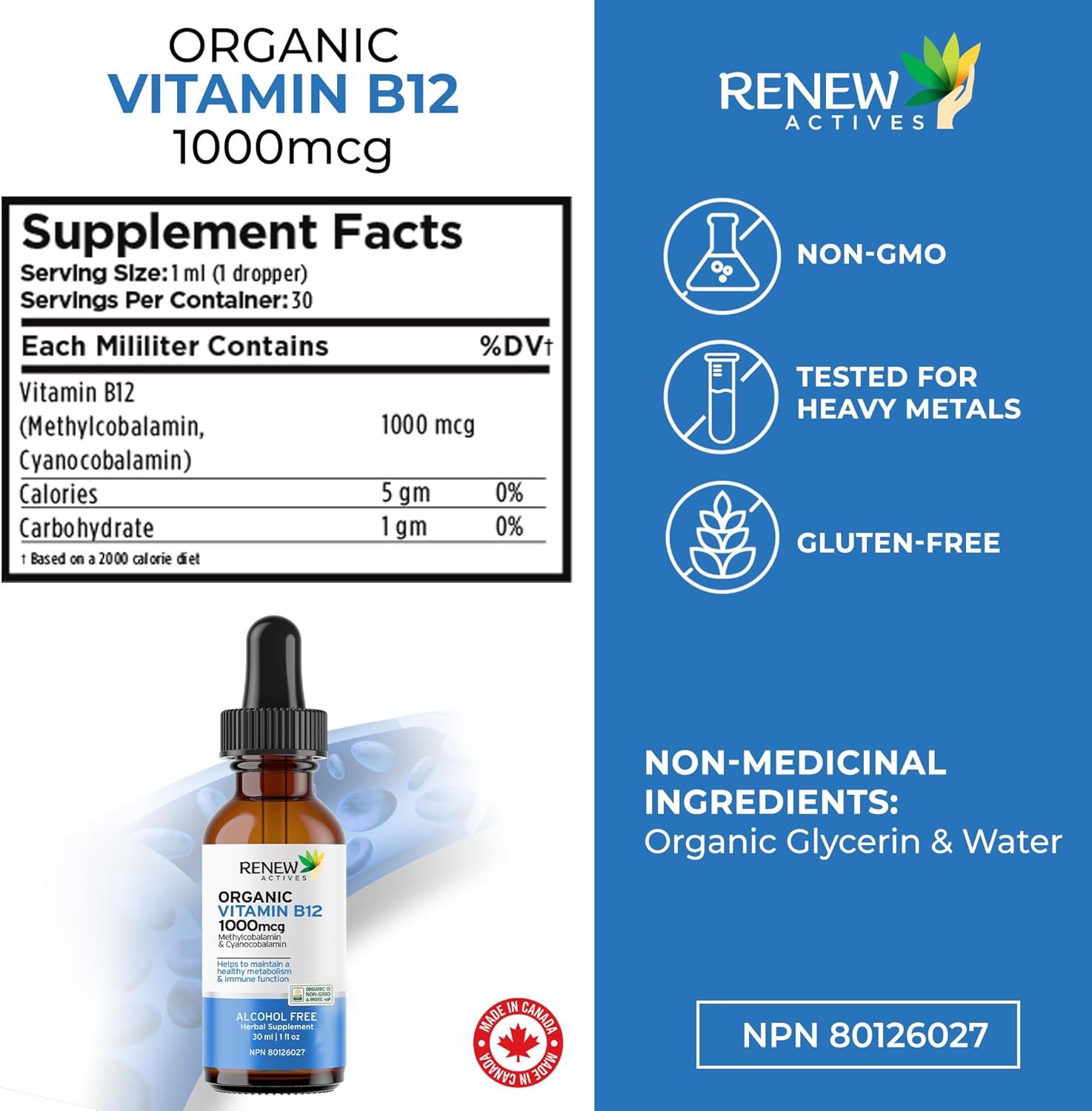 Renew Actives Premium Vegan B12 Liquid Extract Supplement for Healthy Skin, Nails, Hair, & Immune Functions - Fast-Absorbing 30ml Bottle