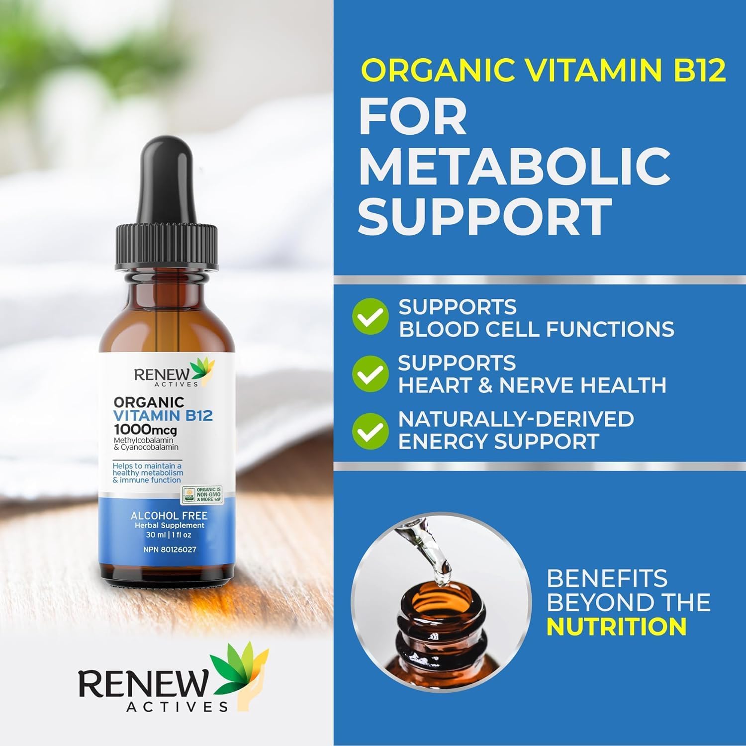 Renew Actives Premium Vegan B12 Liquid Extract Supplement for Healthy Skin, Nails, Hair, & Immune Functions - Fast-Absorbing 30ml Bottle