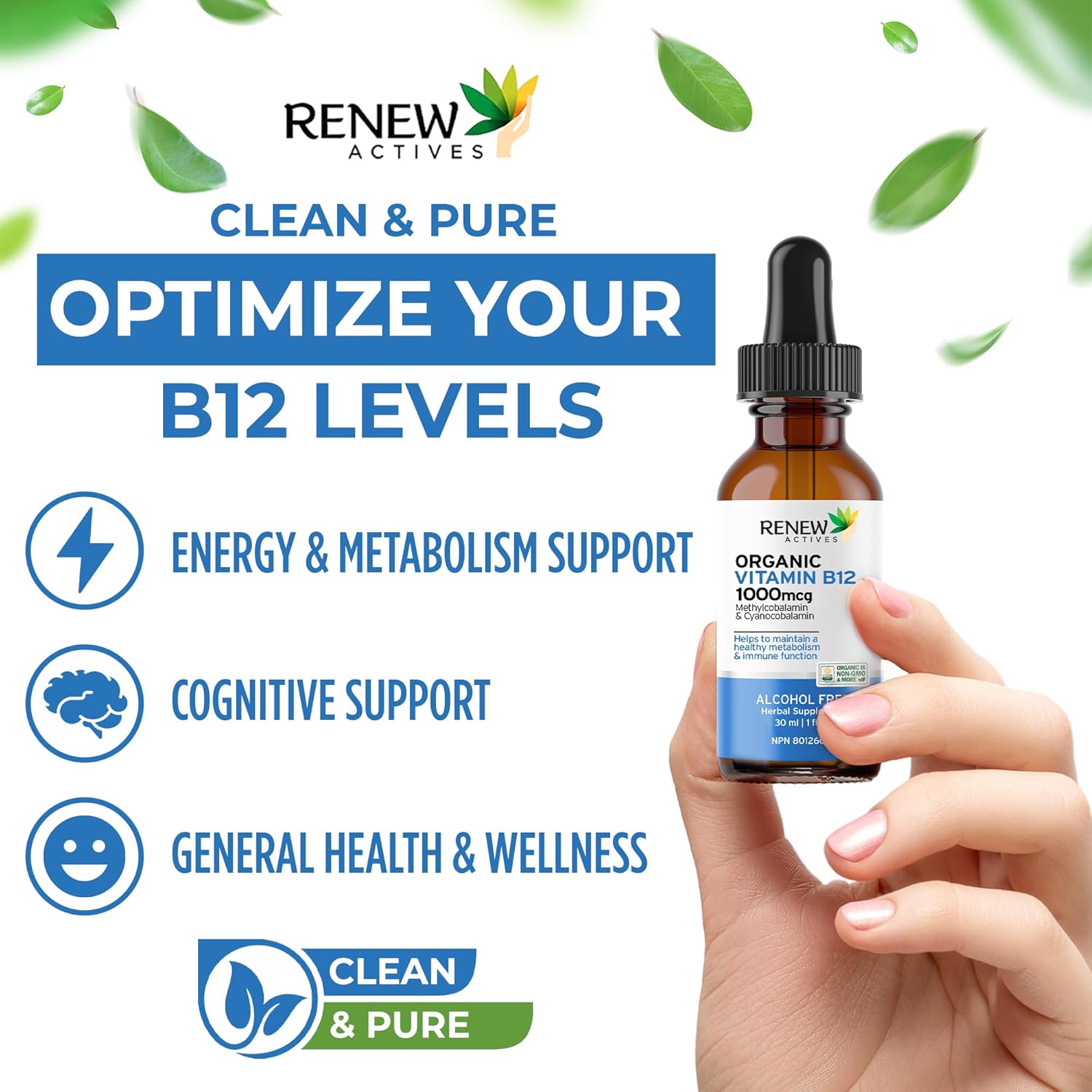Renew Actives Premium Vegan B12 Liquid Extract Supplement for Healthy Skin, Nails, Hair, & Immune Functions - Fast-Absorbing 30ml Bottle