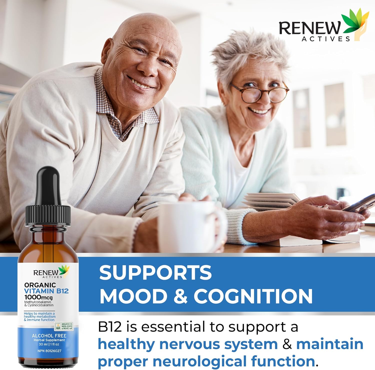 Renew Actives Premium Vegan B12 Liquid Extract Supplement for Healthy Skin, Nails, Hair, & Immune Functions - Fast-Absorbing 30ml Bottle