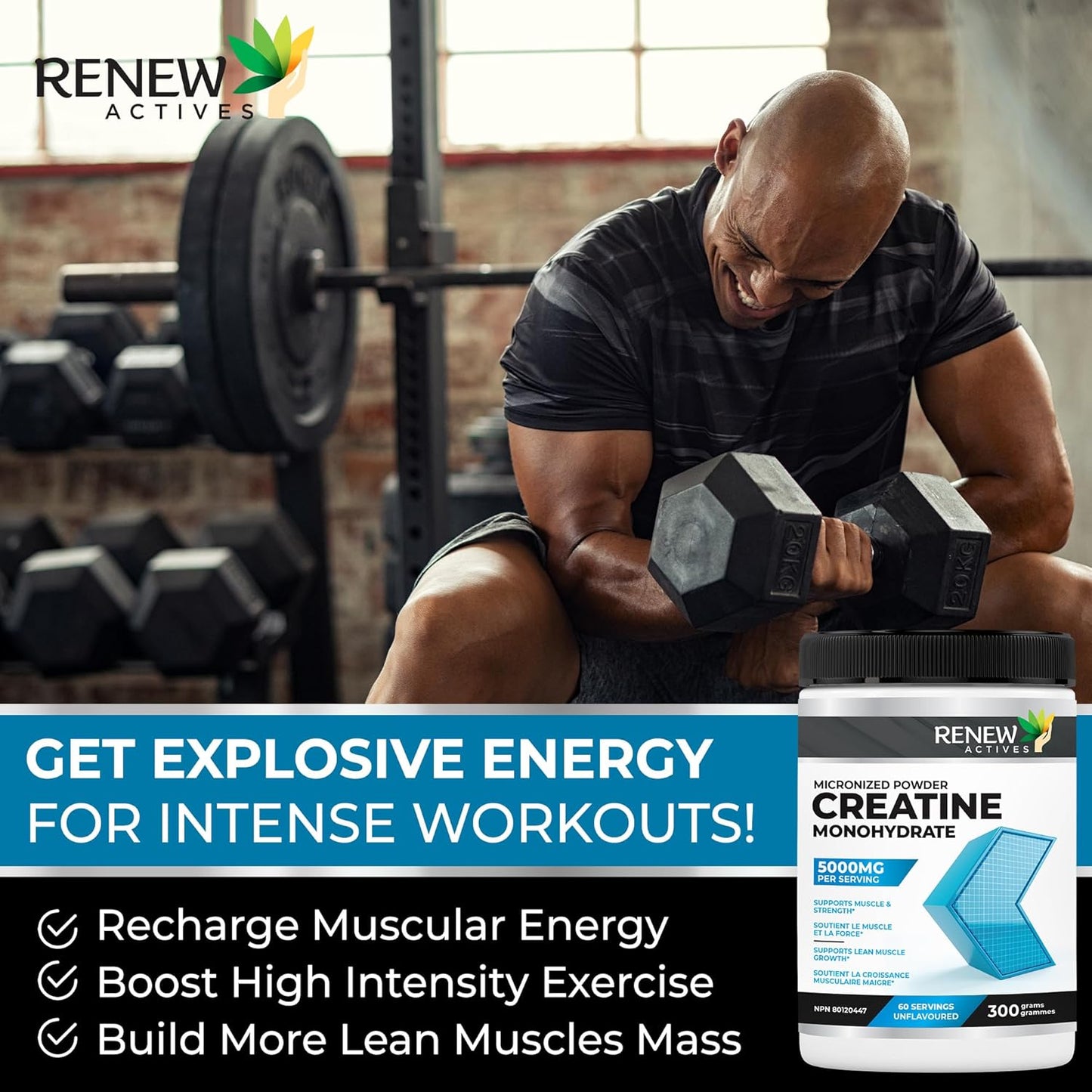 Renew Actives Pure Micronized Creatine Monohydrate Powder - 5000mg Per Serving, Unflavored Muscle Growth Supplement - 60 Servings