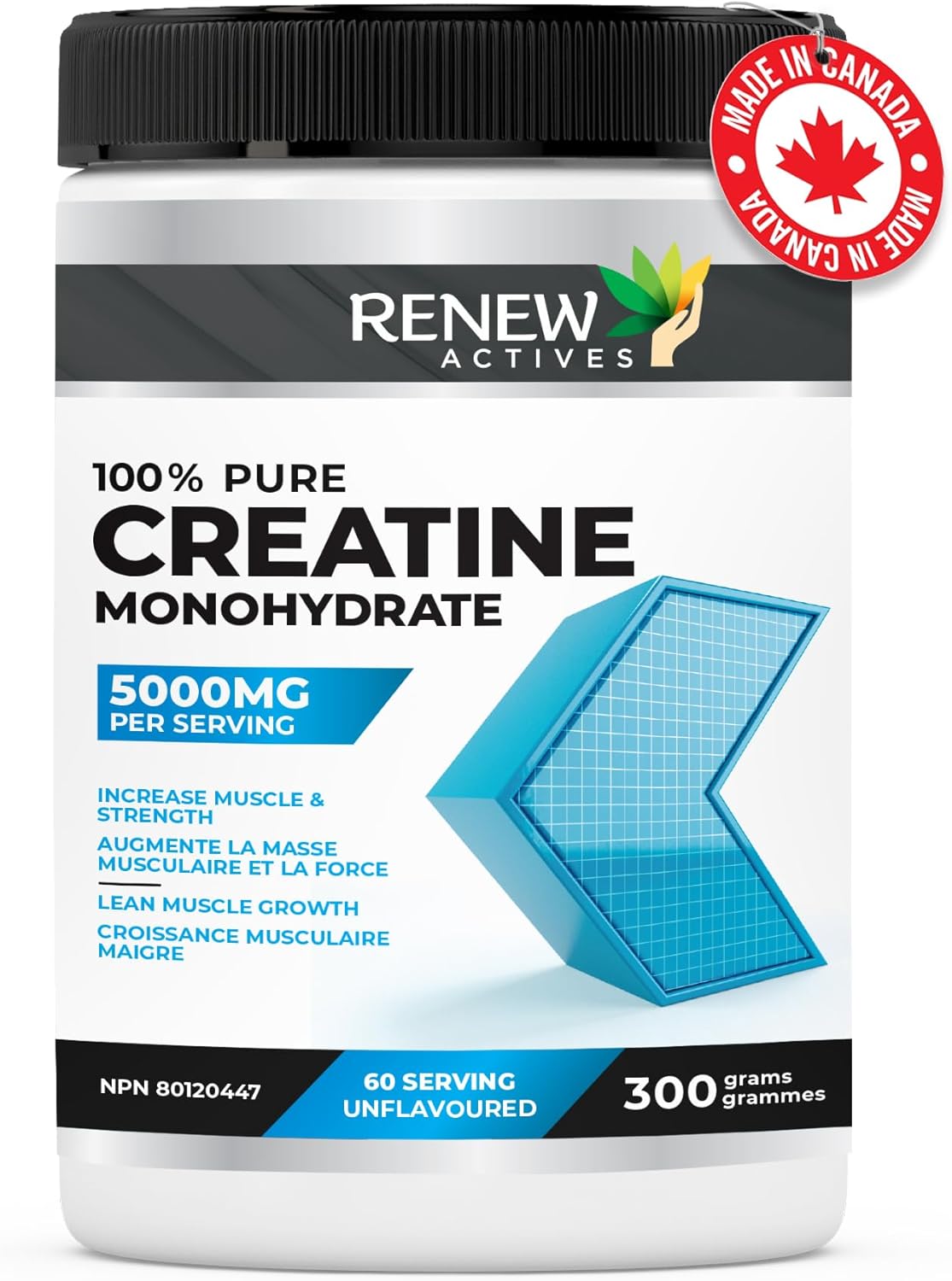 Renew Actives Pure Micronized Creatine Monohydrate Powder - 5000mg Per Serving, Unflavored Muscle Growth Supplement - 60 Servings