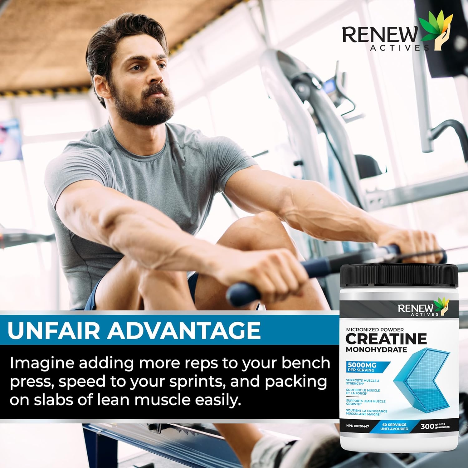 Renew Actives Pure Micronized Creatine Monohydrate Powder - 5000mg Per Serving, Unflavored Muscle Growth Supplement - 60 Servings