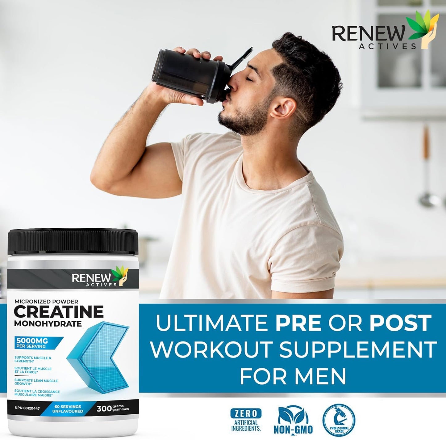 Renew Actives Pure Micronized Creatine Monohydrate Powder - 5000mg Per Serving, Unflavored Muscle Growth Supplement - 60 Servings