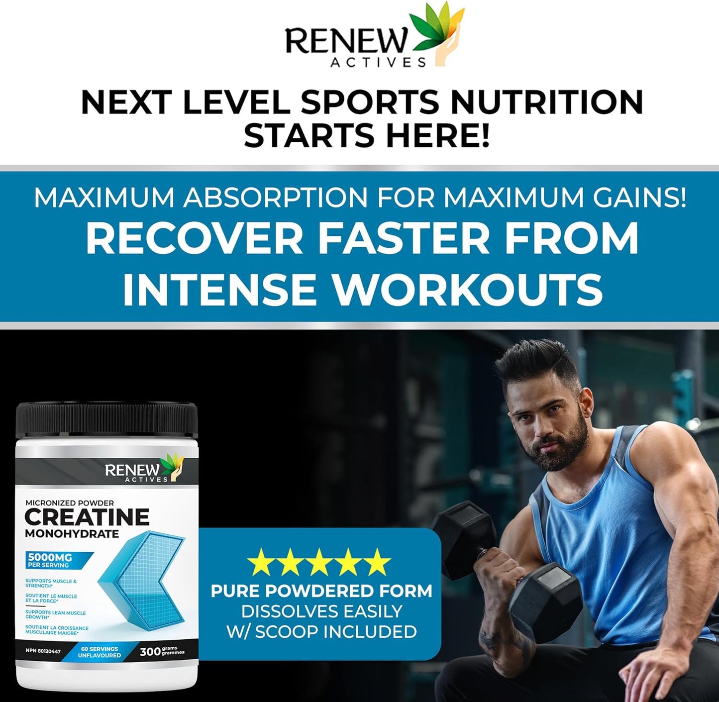 Renew Actives Pure Micronized Creatine Monohydrate Powder - 5000mg Per Serving, Unflavored Muscle Growth Supplement - 60 Servings