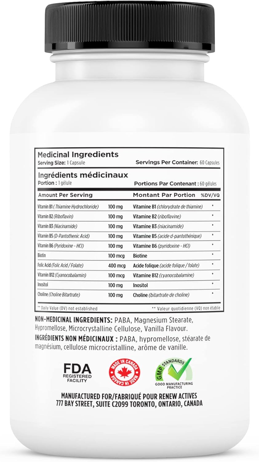 Renew Actives Vitamin B Complex 100 Capsules for Balanced Health & Energy - Daily B1, B2, B3, B5, B6, B12 Supplement with Liver Support & Red Blood Cell Formation - 60 Count