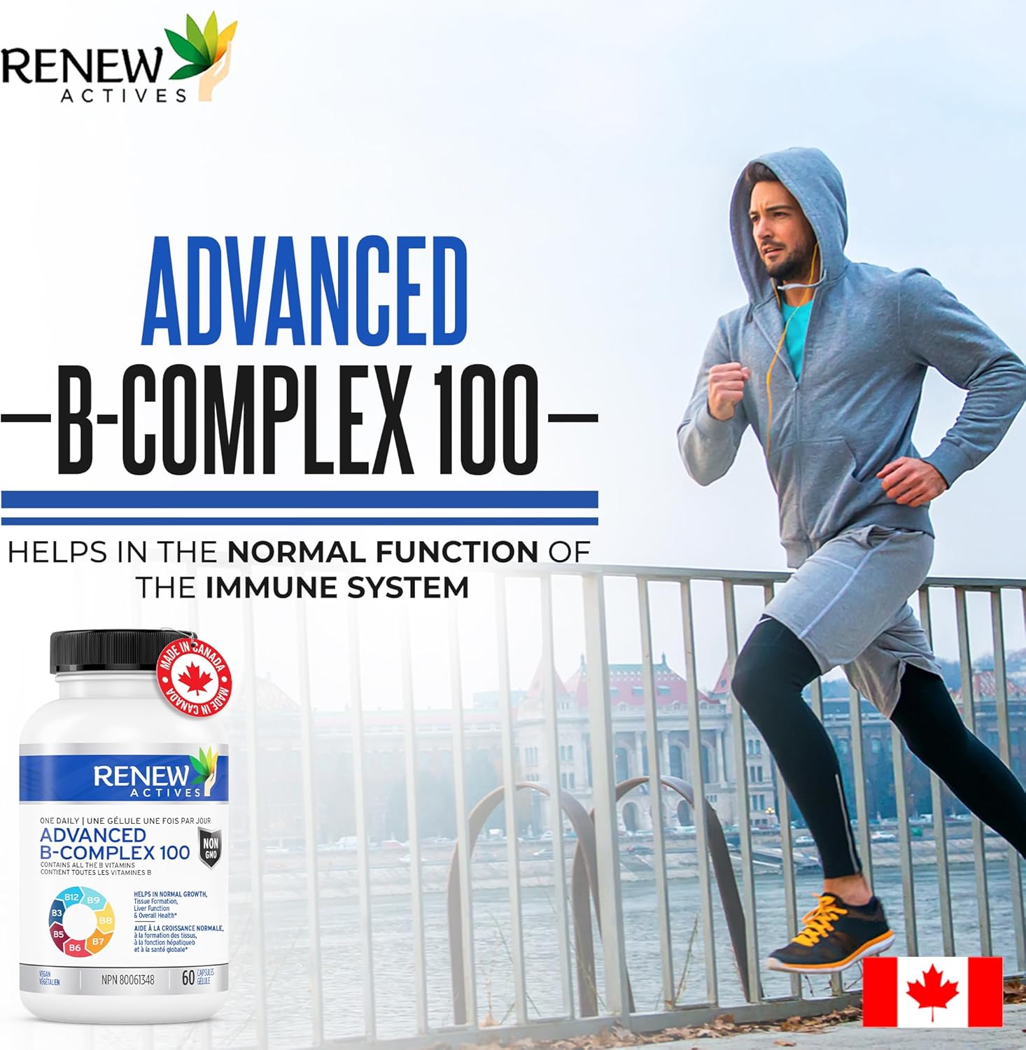 Renew Actives Vitamin B Complex 100 Capsules for Balanced Health & Energy - Daily B1, B2, B3, B5, B6, B12 Supplement with Liver Support & Red Blood Cell Formation - 60 Count