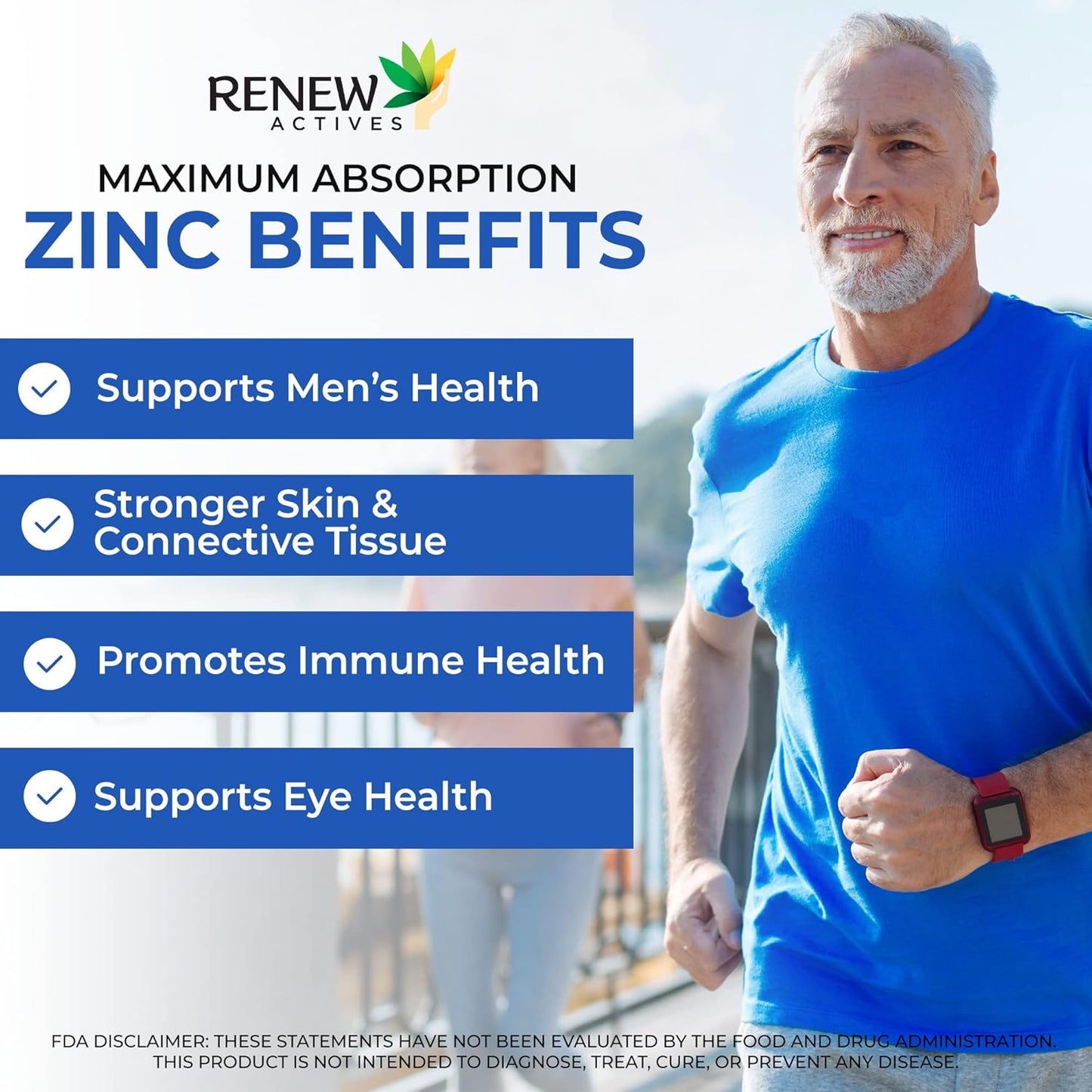 Renew Actives Zinc Supplements: Supports Immune Health, Strong Bones, Hair, Nails, & Skin - Easy-to-Swallow Daily Tablets - 250 Count