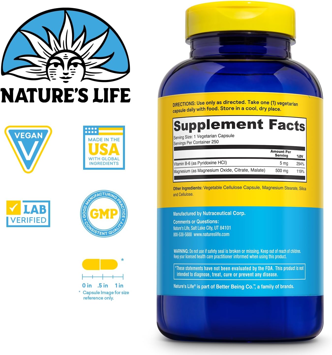 Renewing Magnesium 500mg with Vitamin B-6 for Muscles and Nerves Support - Lab Verified - 250 Servings, 250 VegCaps