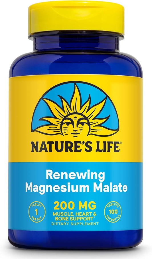 Renewing Magnesium Malate 200mg - Daily Supplement for Muscle, Nerve, Heart, Bone Health - Max Absorption, 100 Tabs