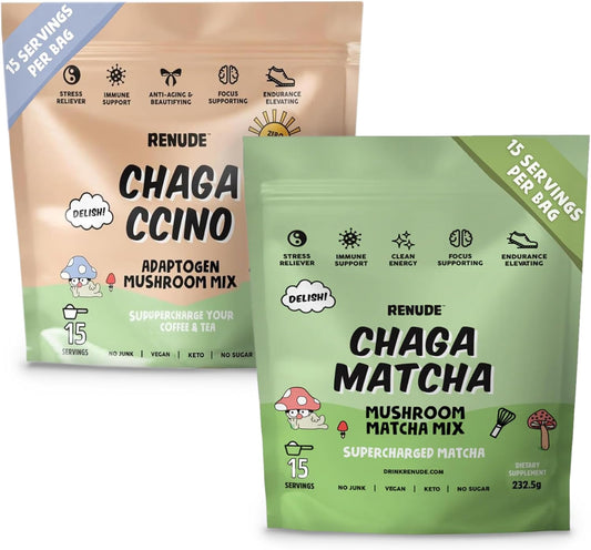 Renude Chaga Mushroom Powder for Coffee and Matcha - Mushroom Drink Mix with Adaptogens for Natural Energy and Immune Support - Vegan and Keto - 15 Servings