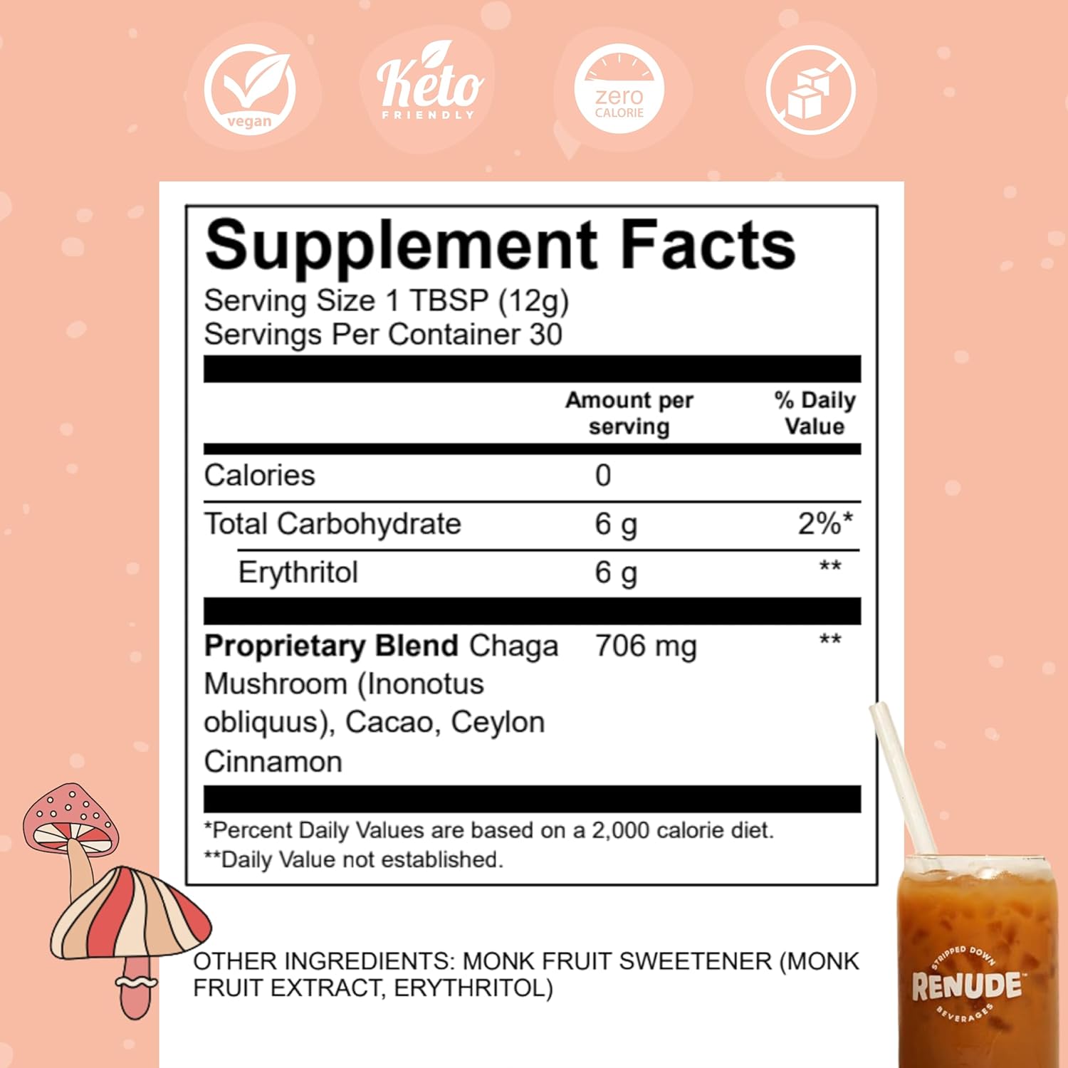Renude Chaga Mushroom Powder for Coffee and Matcha - Mushroom Drink Mix with Adaptogens for Natural Energy and Immune Support - Vegan and Keto - 15 Servings