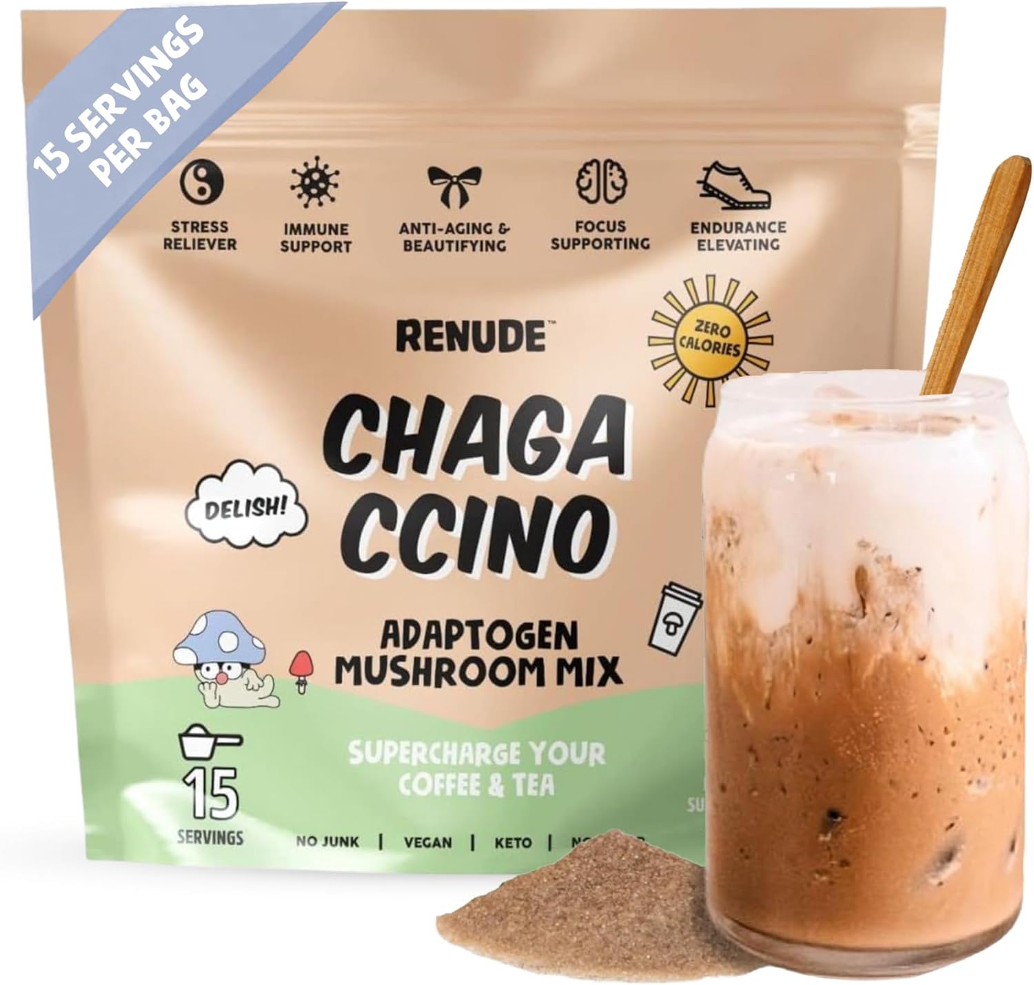 Renude Chagaccino: Mushroom Coffee Drink Mix with Adaptogens for Natural Energy and Immune Support - Vegan, Keto, Zero Calorie Blend Powder (15 Servings)