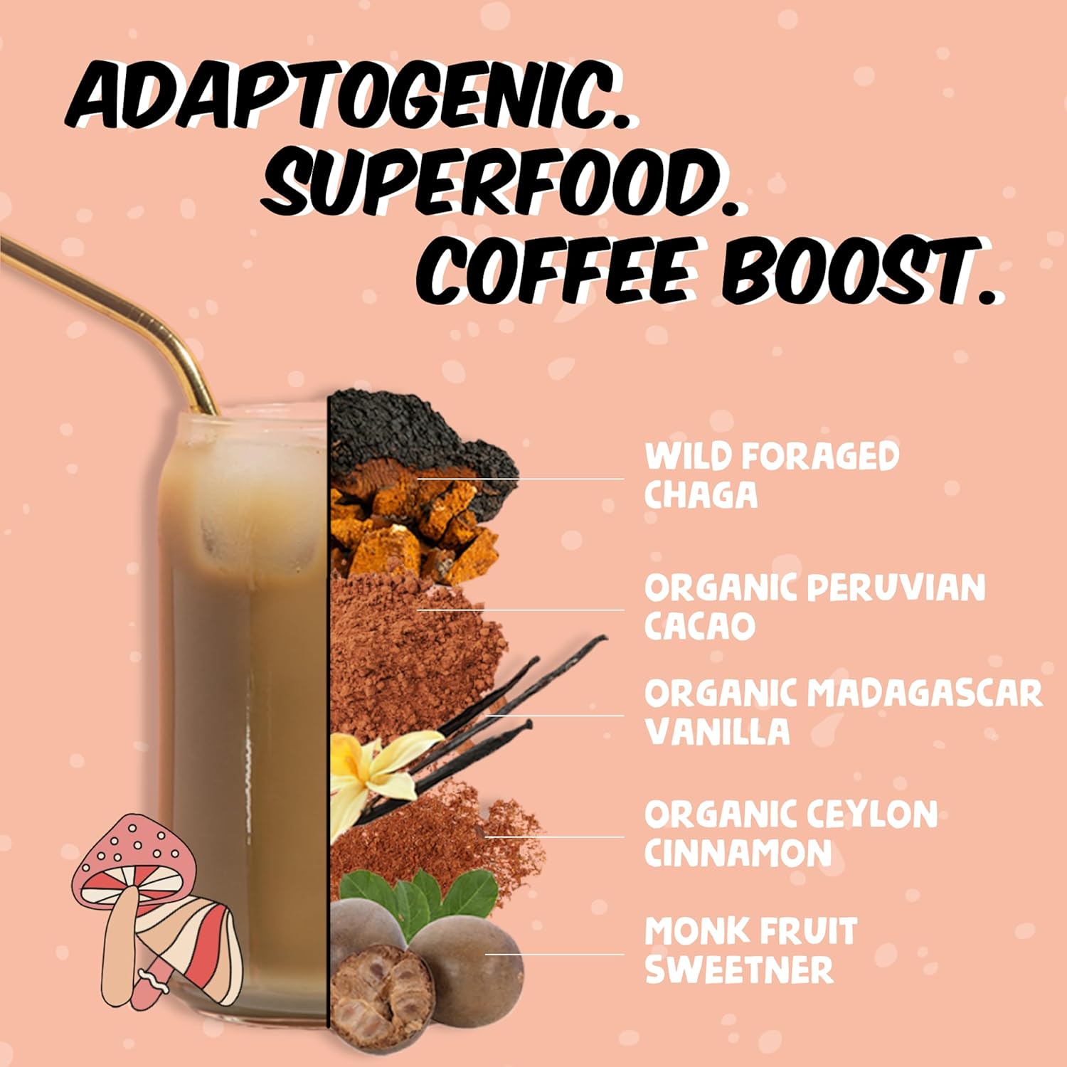 Renude Chagaccino: Mushroom Coffee Drink Mix with Adaptogens for Natural Energy and Immune Support - Vegan, Keto, Zero Calorie Blend Powder (15 Servings)