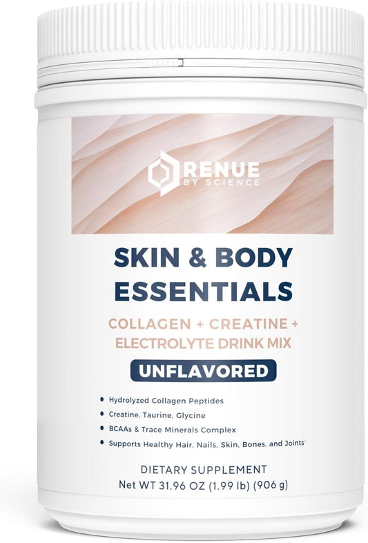 Renue By Science Collagen Peptides Electrolytes Creatine BCAA Powder - 12g Collagen, 4g Creatine Monohydrate - Made in USA - Unflavoured