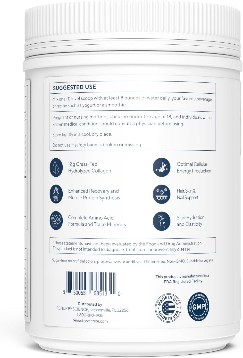Renue By Science Collagen Peptides Electrolytes Creatine BCAA Powder - 12g Collagen, 4g Creatine Monohydrate - Made in USA - Unflavoured