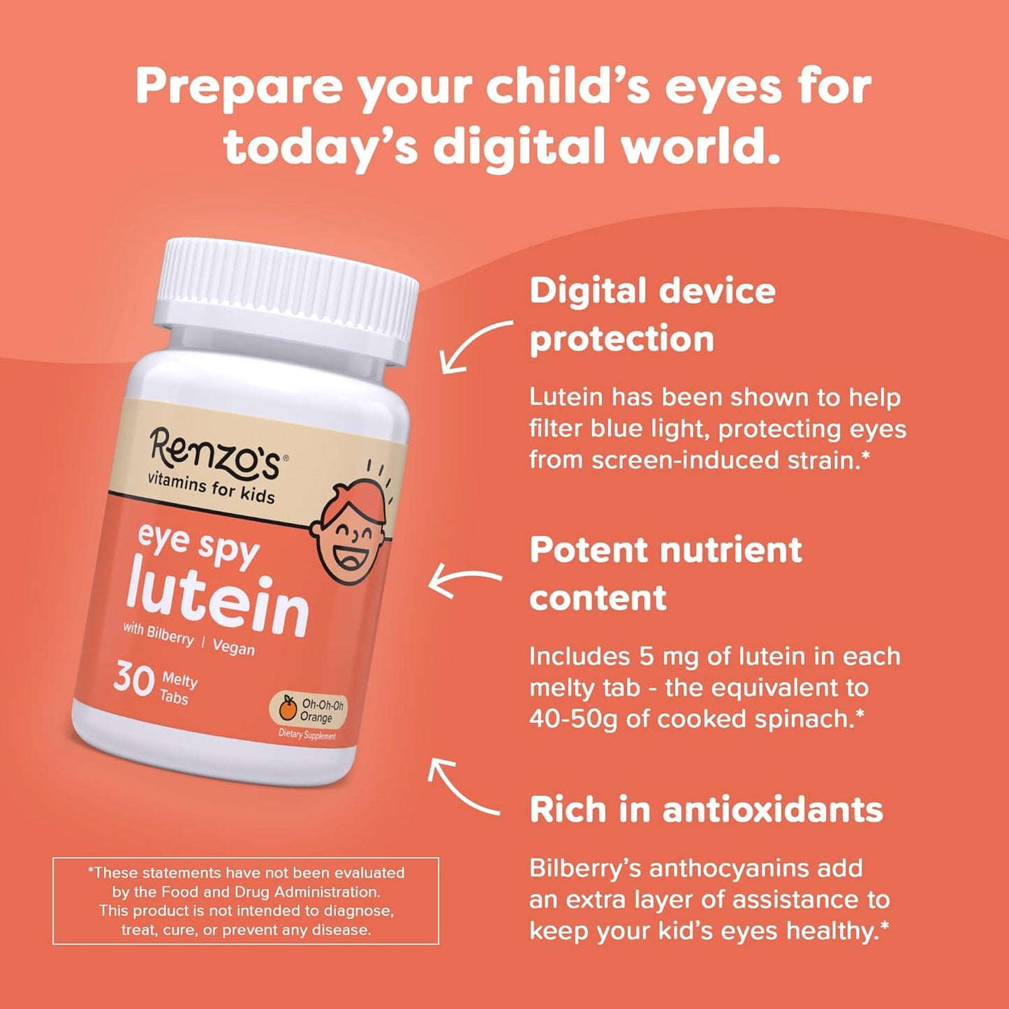 Renzo's Eye Health Kids Vitamins with Bilberry Extract, Sugar-Free Orange Melty Tabs - 30 Supplements