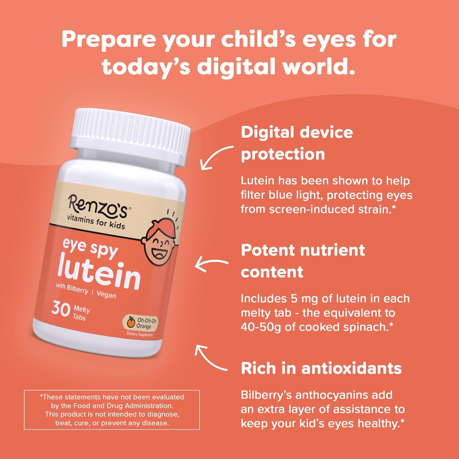 Renzo's Eye Health Kids Vitamins with Bilberry Extract, Sugar-Free Orange Melty Tabs - 30 Supplements