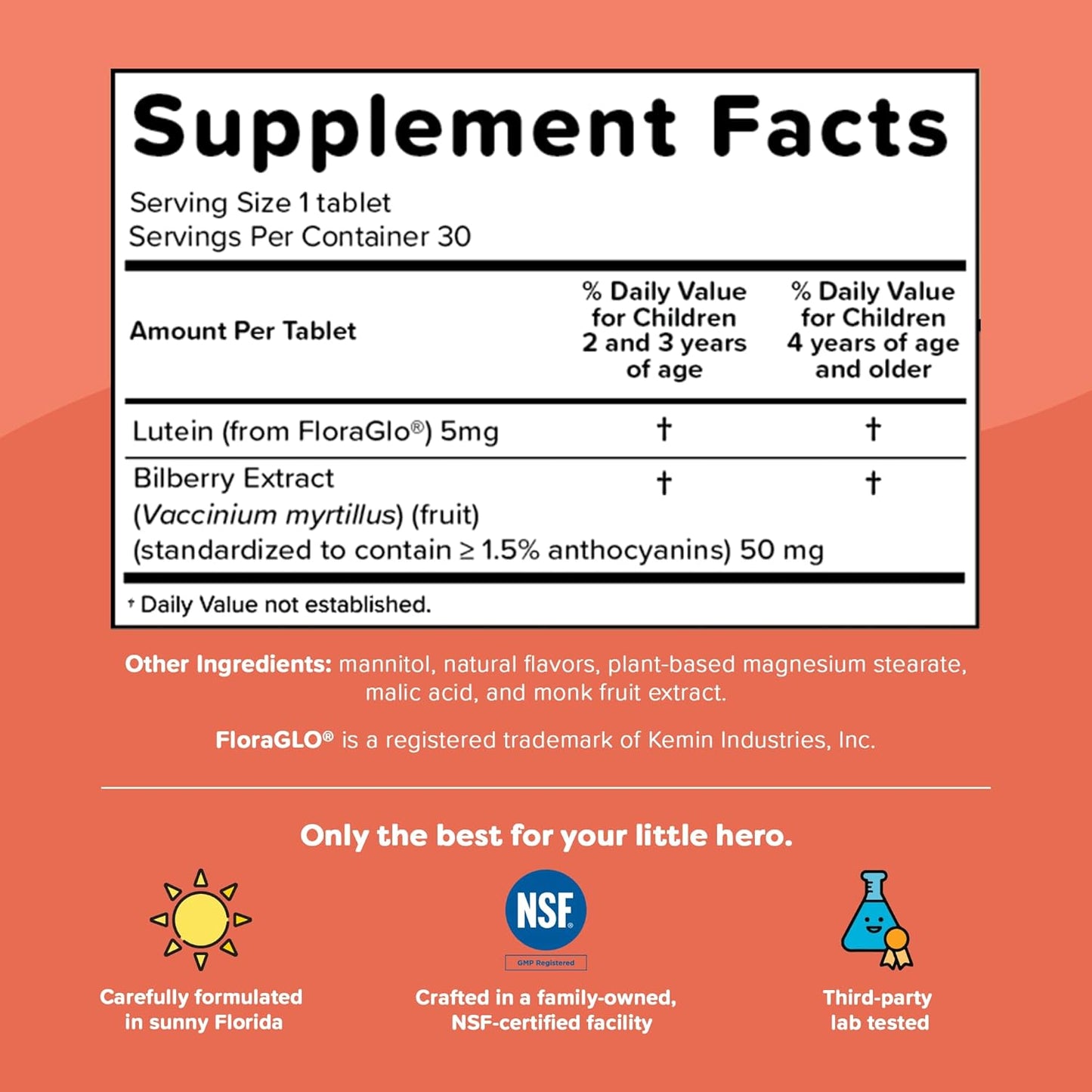 Renzo's Eye Health Kids Vitamins with Bilberry Extract, Sugar-Free Orange Melty Tabs - 30 Supplements