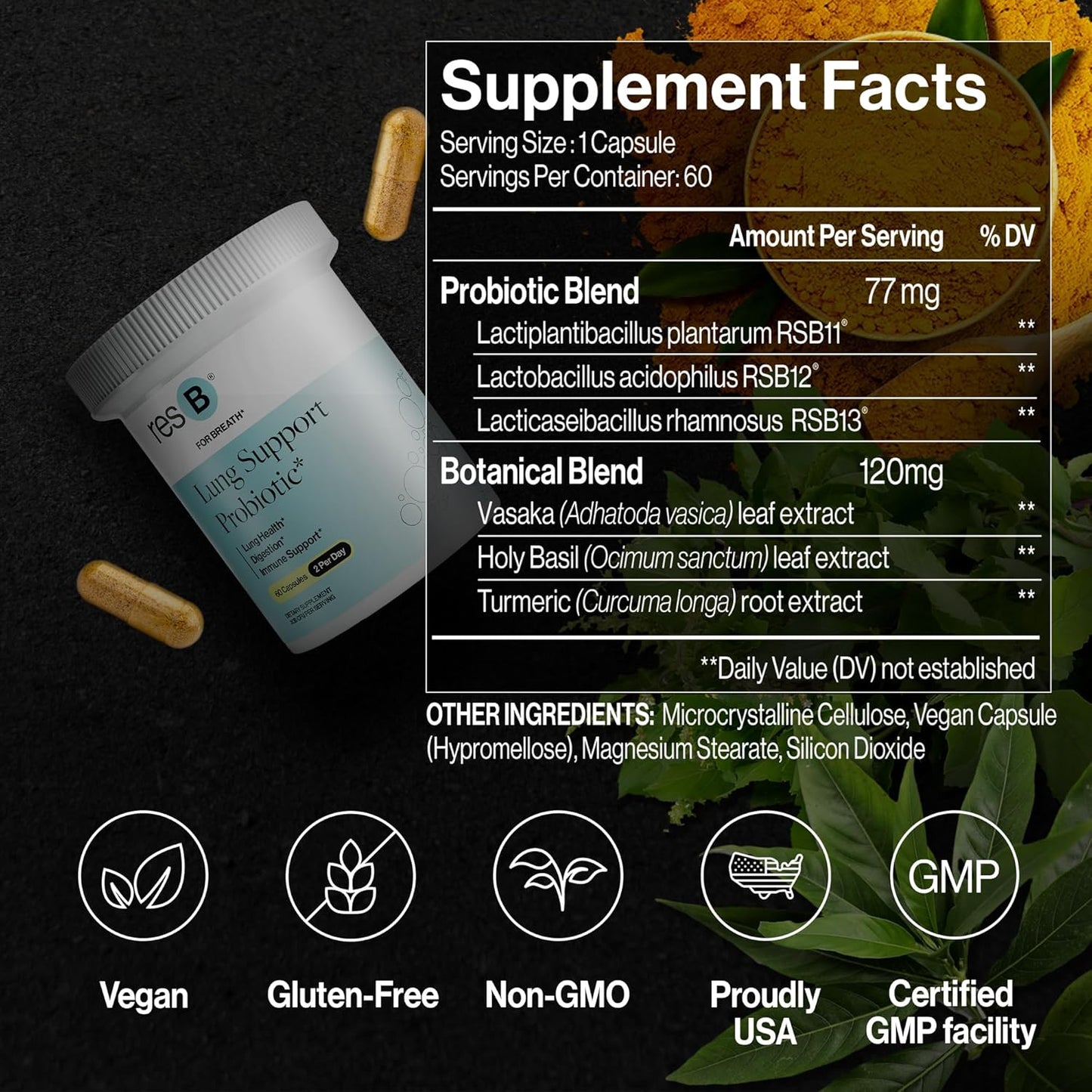 ResBiotic Lung Support Probiotic Supplement - Boost Lung Health for Smokers with Holy Basil & Turmeric - 180 Capsules (3 Bottles)