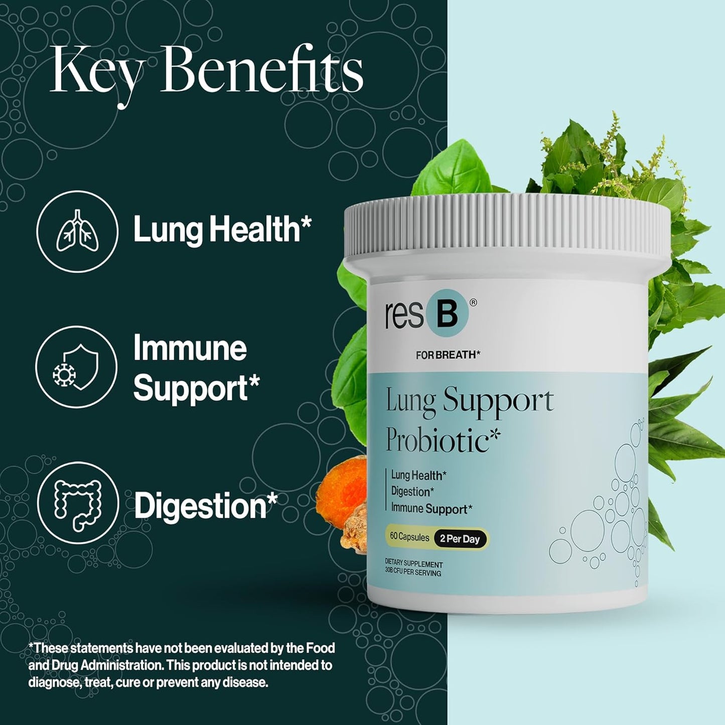 ResBiotic Lung Support Probiotic Supplement - Boost Lung Health for Smokers with Holy Basil & Turmeric - 180 Capsules (3 Bottles)