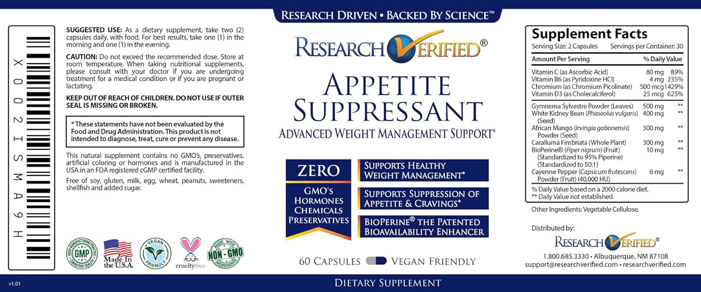 Research Verified Appetite Suppressant - Reduce Cravings, Enhance Metabolism - 60 Capsules