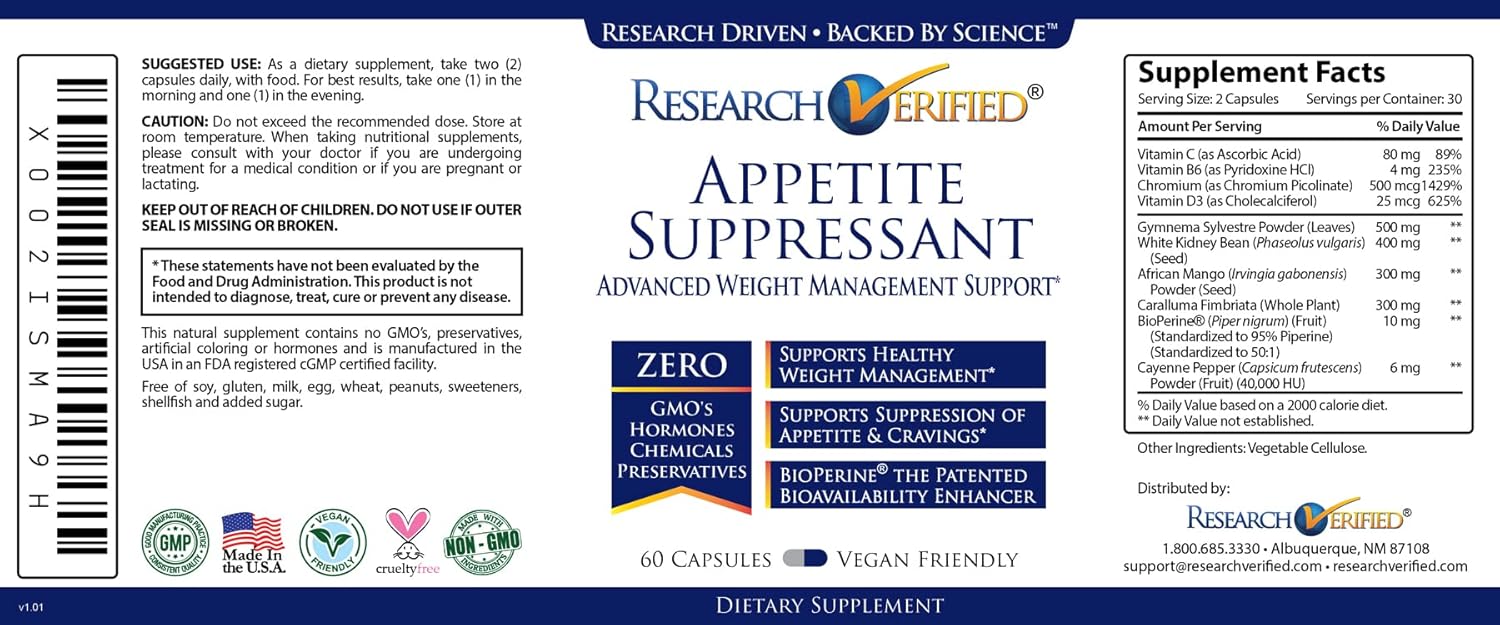 Research Verified Appetite Suppressant - Reduce Cravings, Enhance Metabolism - 60 Capsules