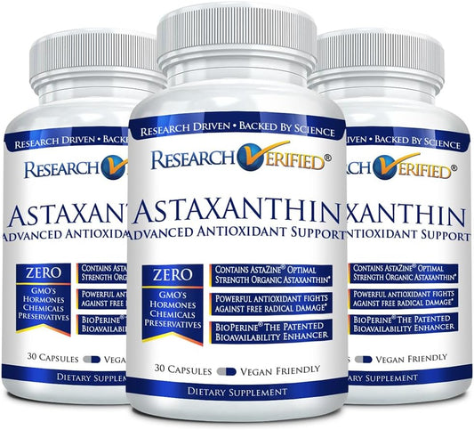 Research Verified Astaxanthin - Antioxidant for Skin, Brain, Eyes, Heart - Zinc, Vitamin E, BioPerine - 3 Month Supply - Non-GMO, USA Made