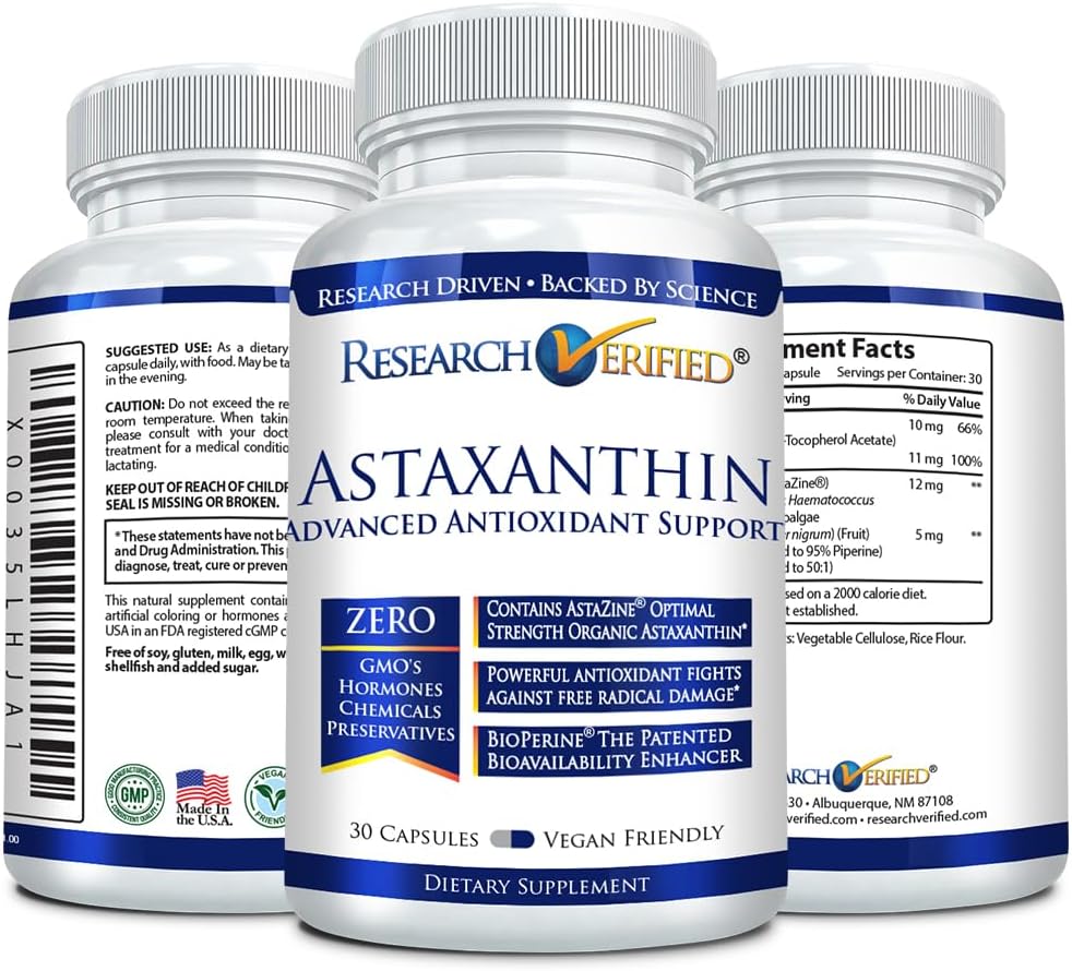 Research Verified Astaxanthin - Antioxidant for Skin, Brain, Eyes, Heart - Zinc, Vitamin E, BioPerine - 3 Month Supply - Non-GMO, USA Made
