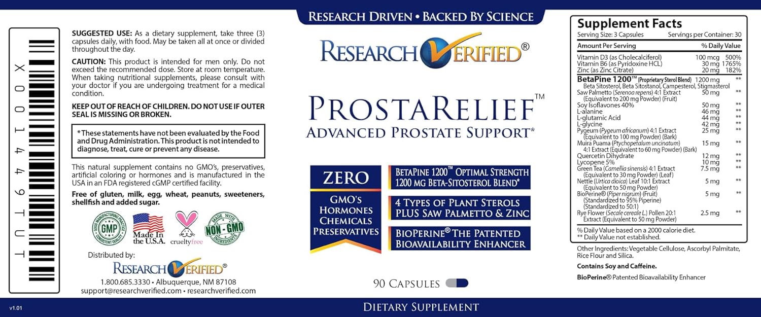 Research Verified® Prosta Relief - Prostate Health Supplement with Saw Palmetto & Bioperine® for Bladder, Urinary Health and Performance - 90 Capsules x 2