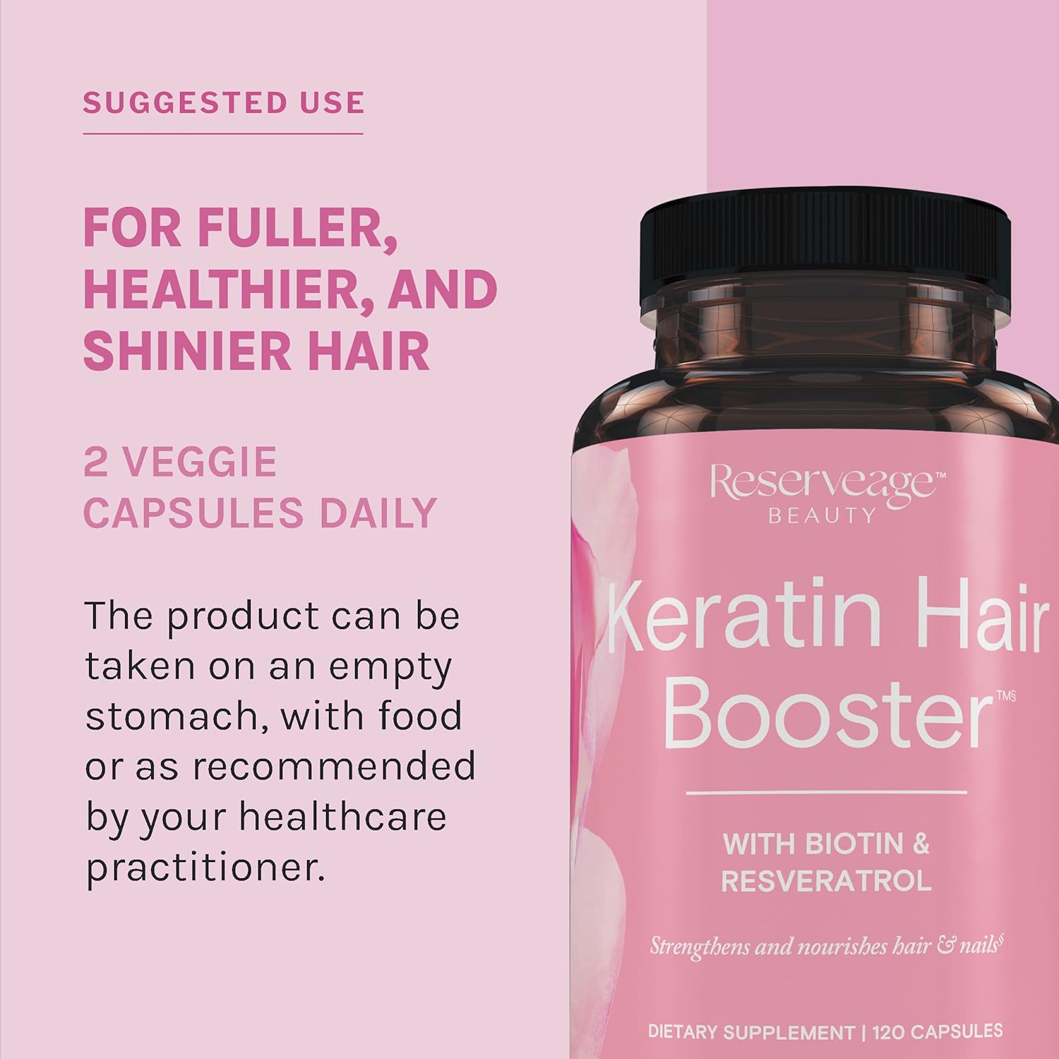 Reserveage Beauty Keratin Hair Booster with Biotin & Resveratrol - Hair Growth Supplement for Men and Women - Supports Thickness and Shine - 120 Capsules