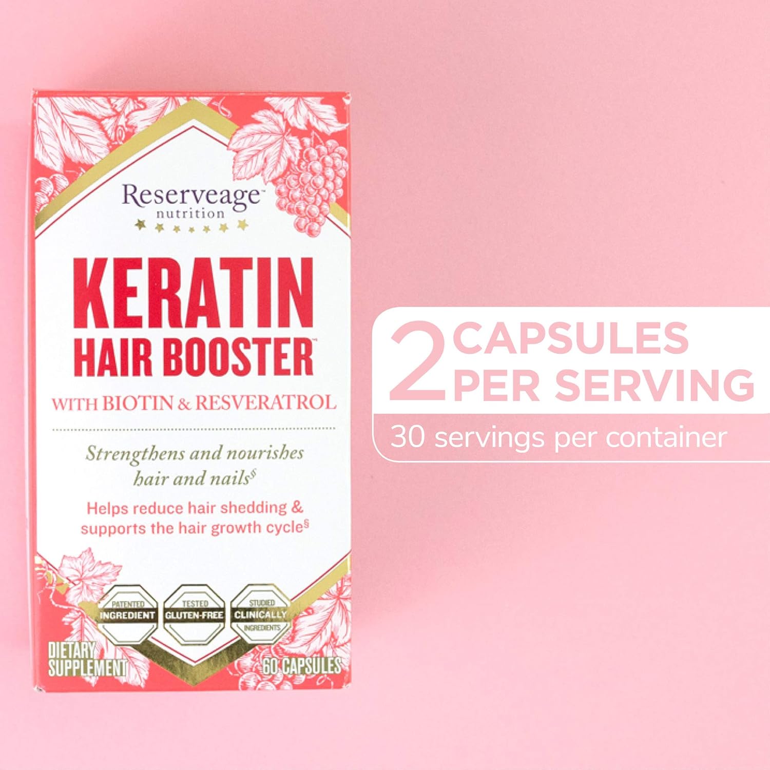 Reserveage Beauty Keratin Hair Booster with Biotin & Resveratrol - Hair Growth Supplement for Men and Women - Supports Healthy Thickness and Shine - 60 Capsules