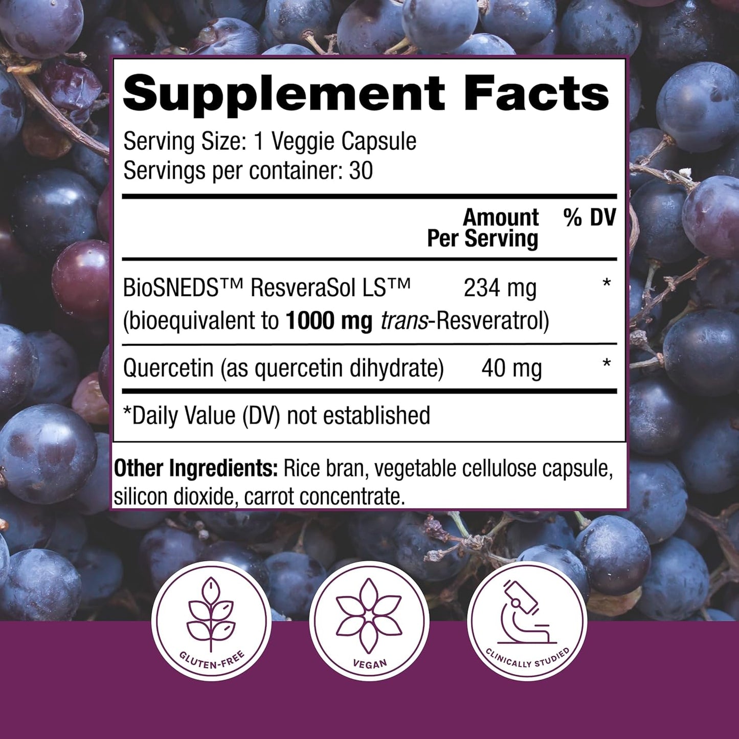 Reserveage Beauty Resveratrol Plus+ 1000 mg Capsules with Quercetin for Immune & Brain Health - Vegan & Gluten-Free (30 Count)