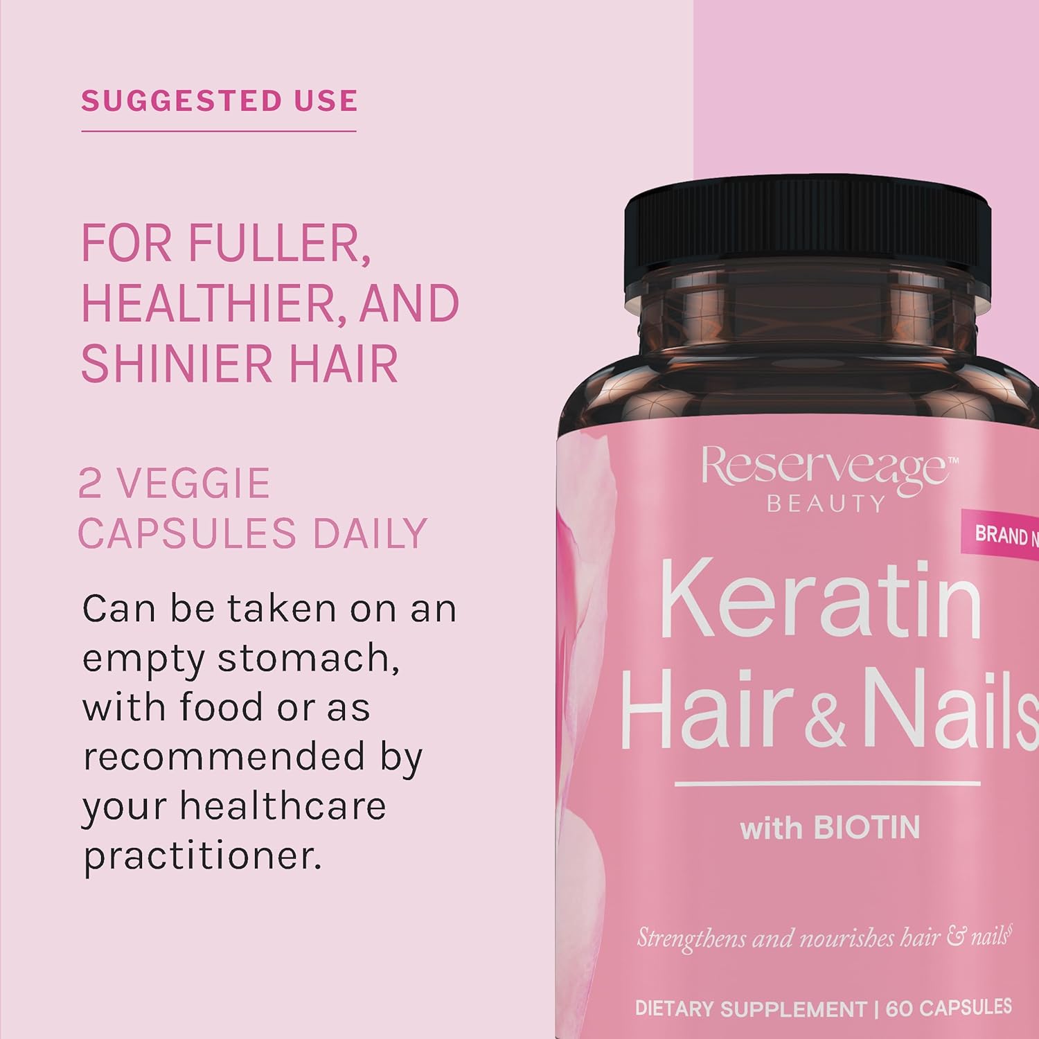 Reserveage Keratin Hair Booster with Biotin & Resveratrol - Supports Hair Growth & Nail Health - 60 Capsules