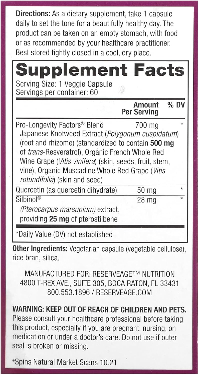Reserveage Nutrition Beauty Supplement with Resveratrol & Pterostilbene - Immune & Heart Health Support - Healthy Aging - 60 Capsules