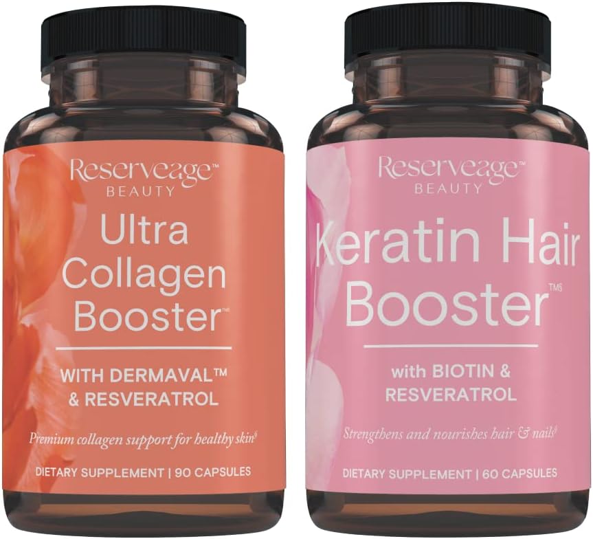 Reserveage Ultra Collagen and Keratin Hair Booster with Dermaval, Biotin, and Resveratrol for Hair and Skin Support - 90 Collagen Capsules, 60 Keratin Capsules