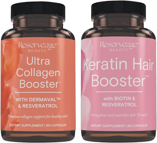 Reserveage Ultra Collagen and Keratin Hair Booster with Dermaval, Biotin, and Resveratrol for Hair and Skin Support - 90 Collagen Capsules, 60 Keratin Capsules