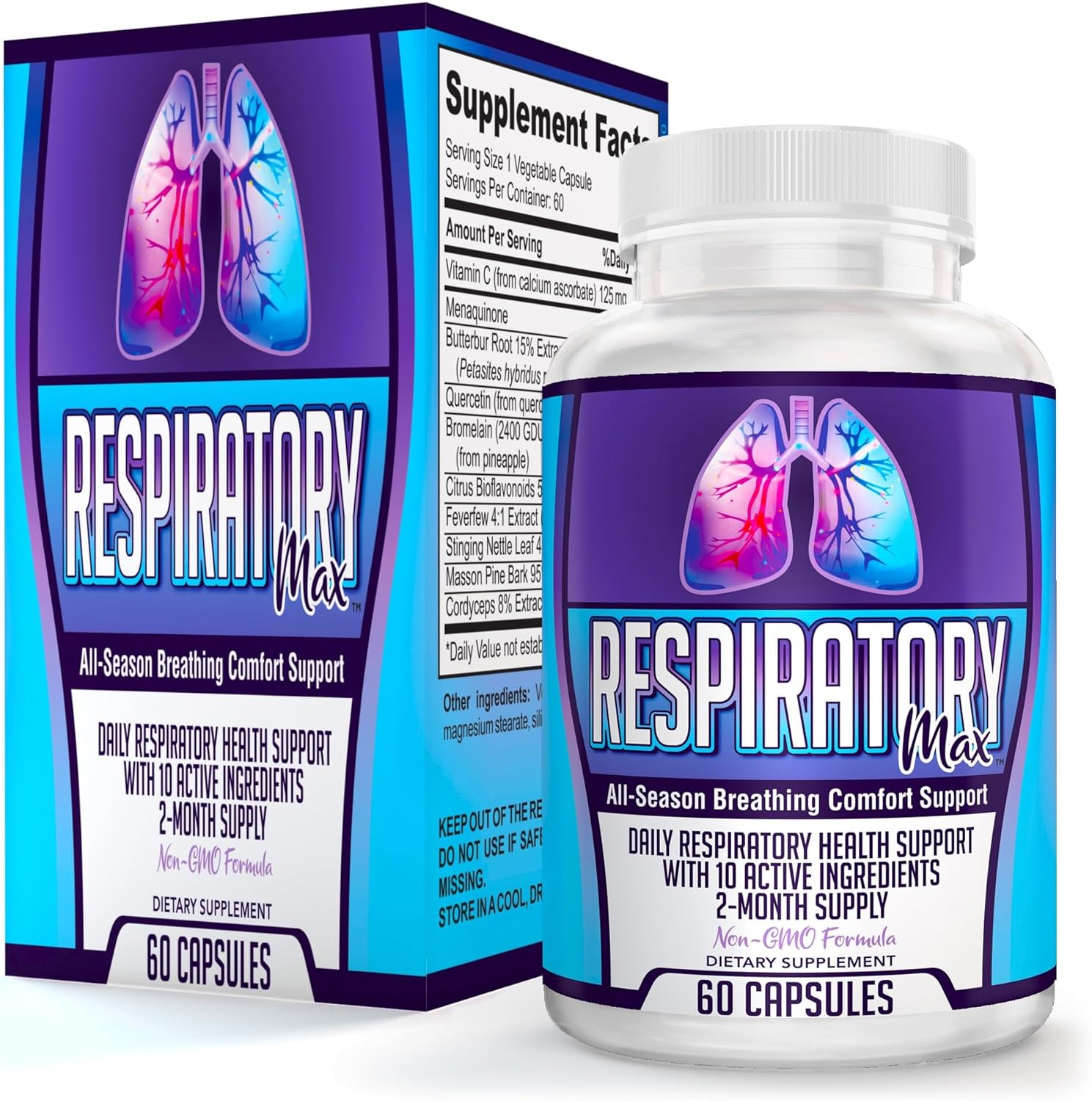 Respiratory-MAX Support Supplements - Natural Lung Health Detox Formula (60 Capsules, 2-Month Supply)