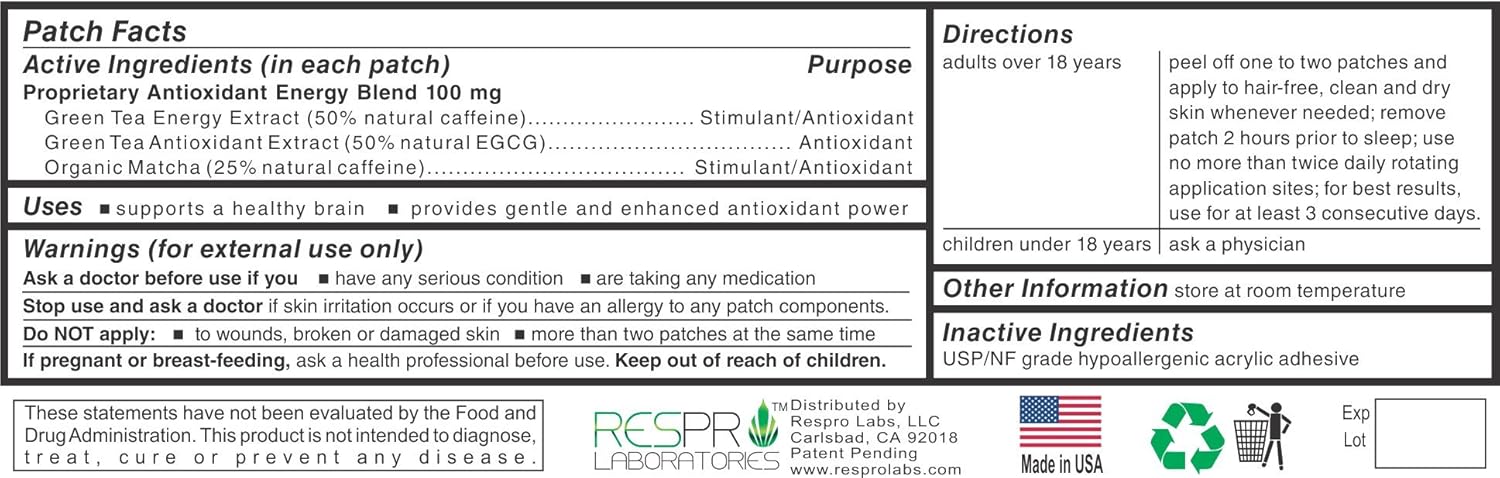 Respro Labs Green Tea Antioxidant Patch with Matcha, 10 Patches - Continuous Release Formula