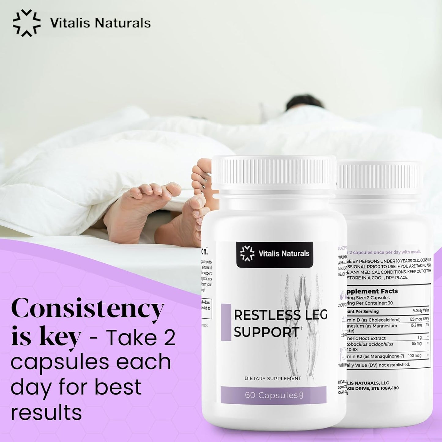 Restless Leg Support Pills with Magnesium Malate, Turmeric, Vitamins D & K2 by Vitalis Naturals