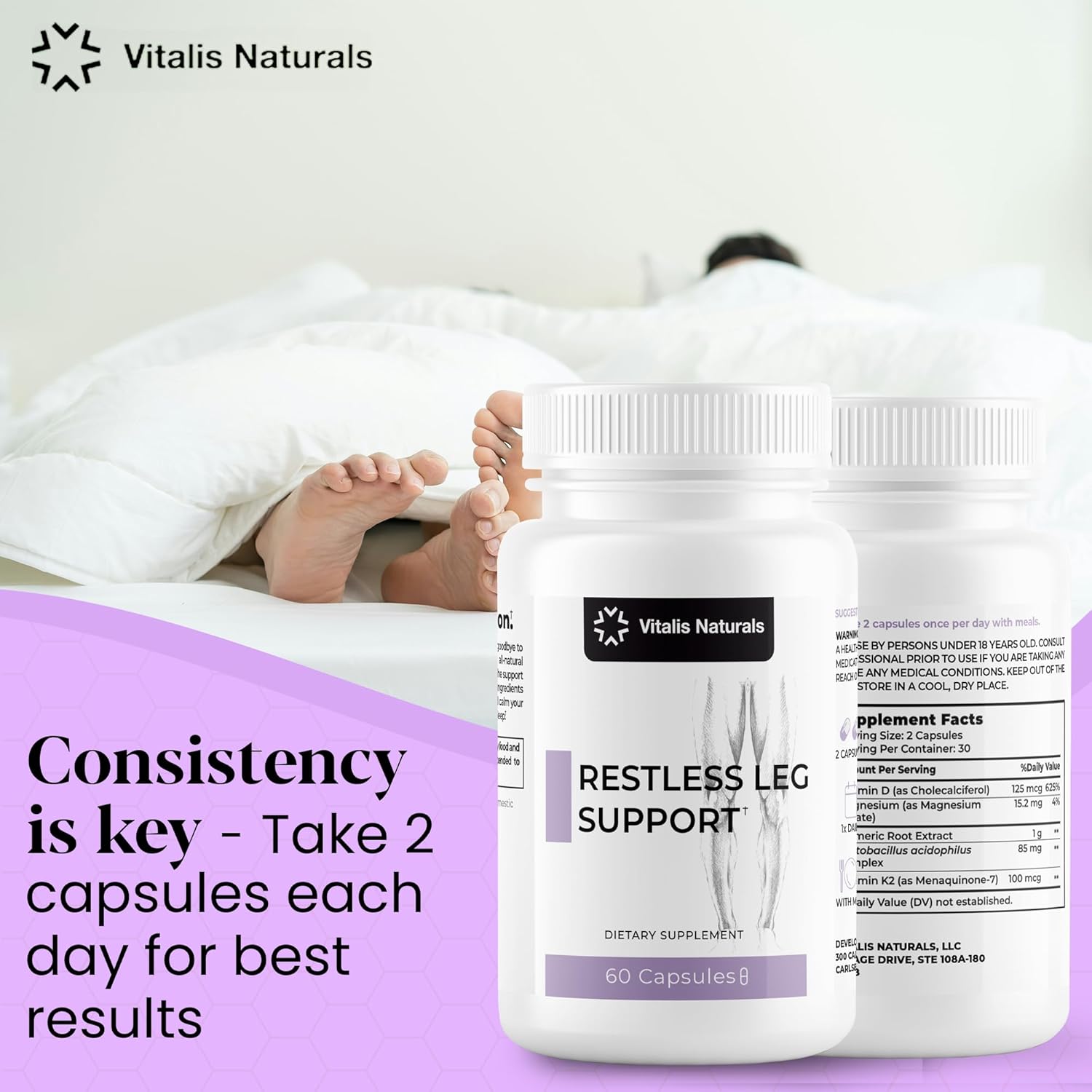 Restless Leg Support Pills with Magnesium Malate, Turmeric, Vitamins D & K2 by Vitalis Naturals