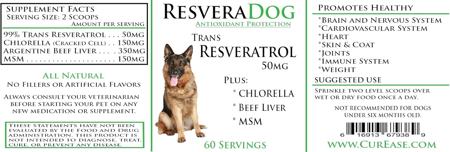 Resveradog: Premium Dog Supplement with 99% Tran Resveratrol Powder, Argentinian Beef Liver, MSM, and Chlorella