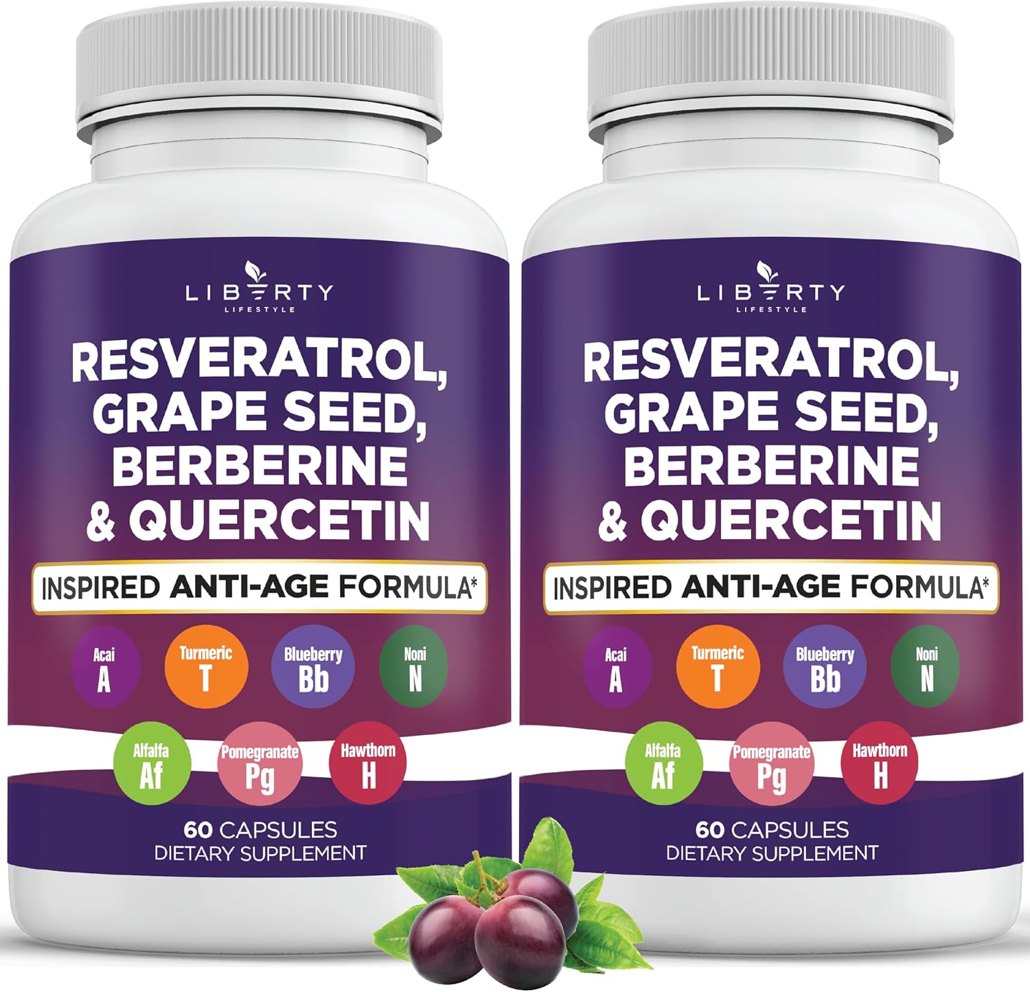 Resveratrol, Berberine, Grape Seed Extract, Quercetin Supplement with Noni Extract for Women and Men - 2-Pack